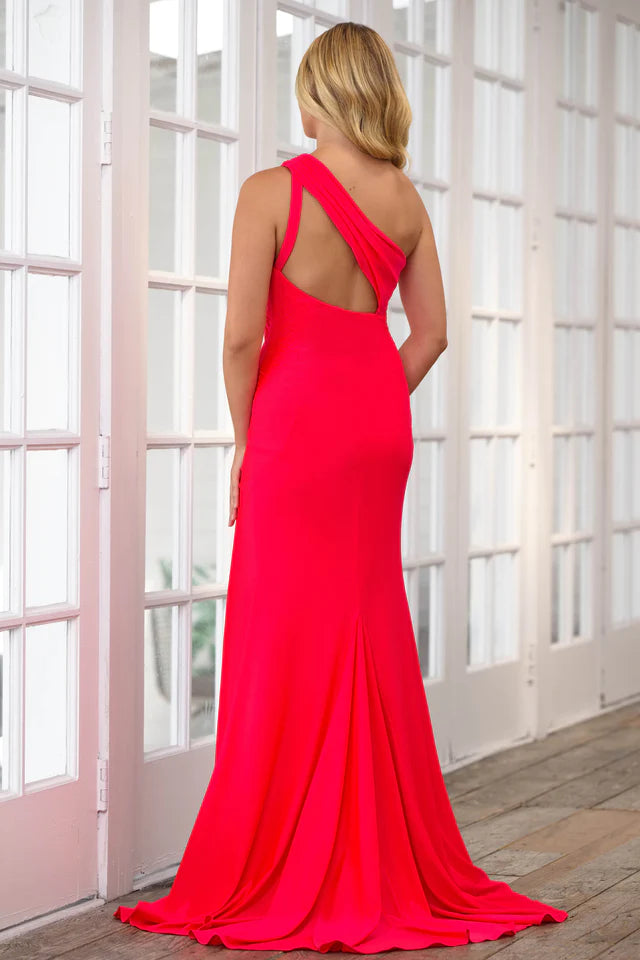 Slay the prom with this stunning Ava Presley 39211 long dress. Its one shoulder asymmetrical neckline, ruching, and high slit create a chic and glamorous look. Perfect for formal events and pageants.