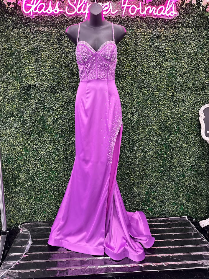 Ava Presley 39214 Size 2 Violet Long Fitted Satin Maxi Slit Prom Dress Crystal Corset Bodice Formal Gown