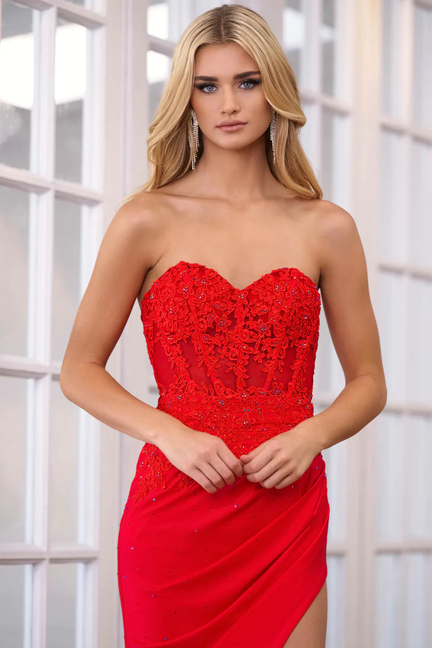 Featuring a beautiful lace corset and a stretch jersey skirt, the Ava Presley 39215 Long Prom Dress is the perfect choice for any formal occasion. The strapless design adds a touch of elegance, while the corset provides a flattering fit. Make a statement at your next pageant or prom with this stunning gown.