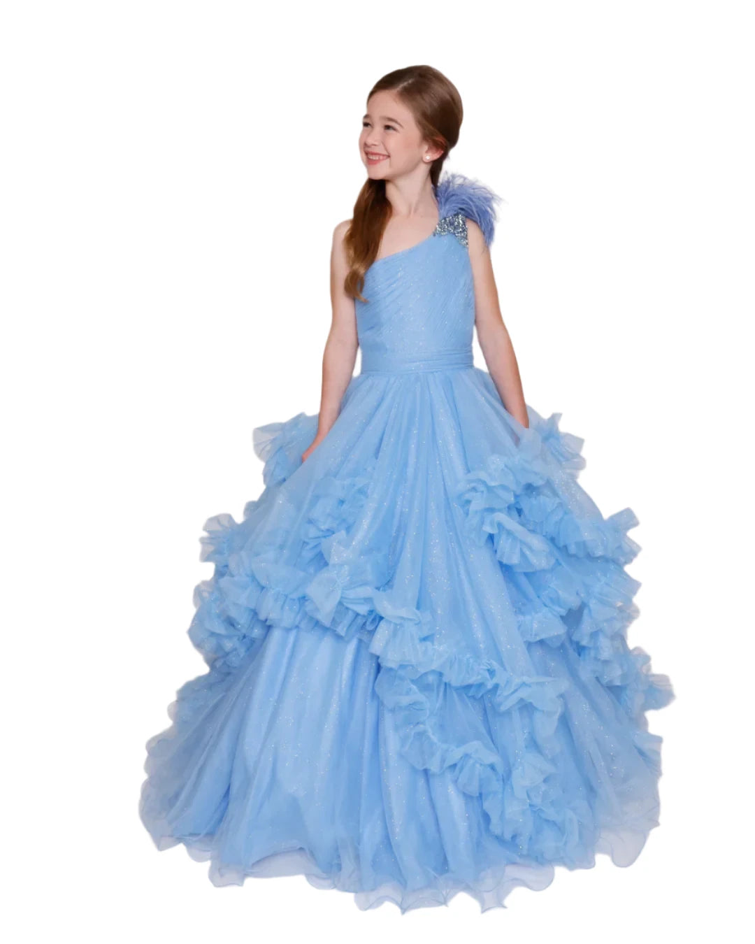 This Ava Presley Girls Pageant Dress is designed to make your little princess shine on the stage. The pleated ruffle shimmer adds a touch of elegance while the feather one shoulder design stands out. Perfect for formal events, it will make her feel like a winner. Make a statement in this Ava Presley 39886