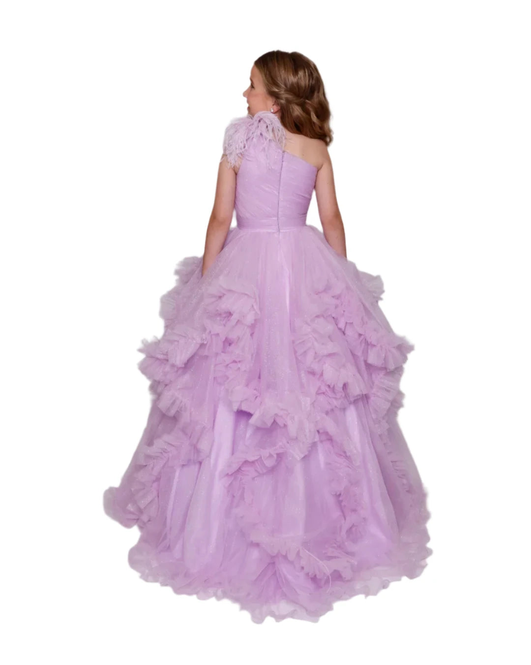 This Ava Presley Girls Pageant Dress is designed to make your little princess shine on the stage. The pleated ruffle shimmer adds a touch of elegance while the feather one shoulder design stands out. Perfect for formal events, it will make her feel like a winner. Make a statement in this Ava Presley 39886