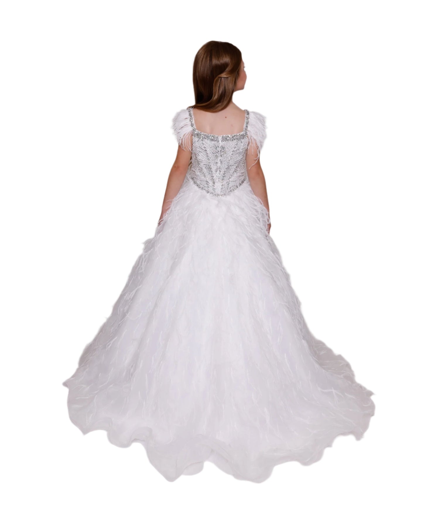 Elevate your little girl's pageant look with the Ava Presley 39889 formal dress. This breathtaking ballgown features a sparkling crystal bodice and delicate feather detailing on the cap sleeves. With its elegant silhouette and luxurious details, it will surely make her shine on stage. Make a grand entrance in this Ava Presley 39889