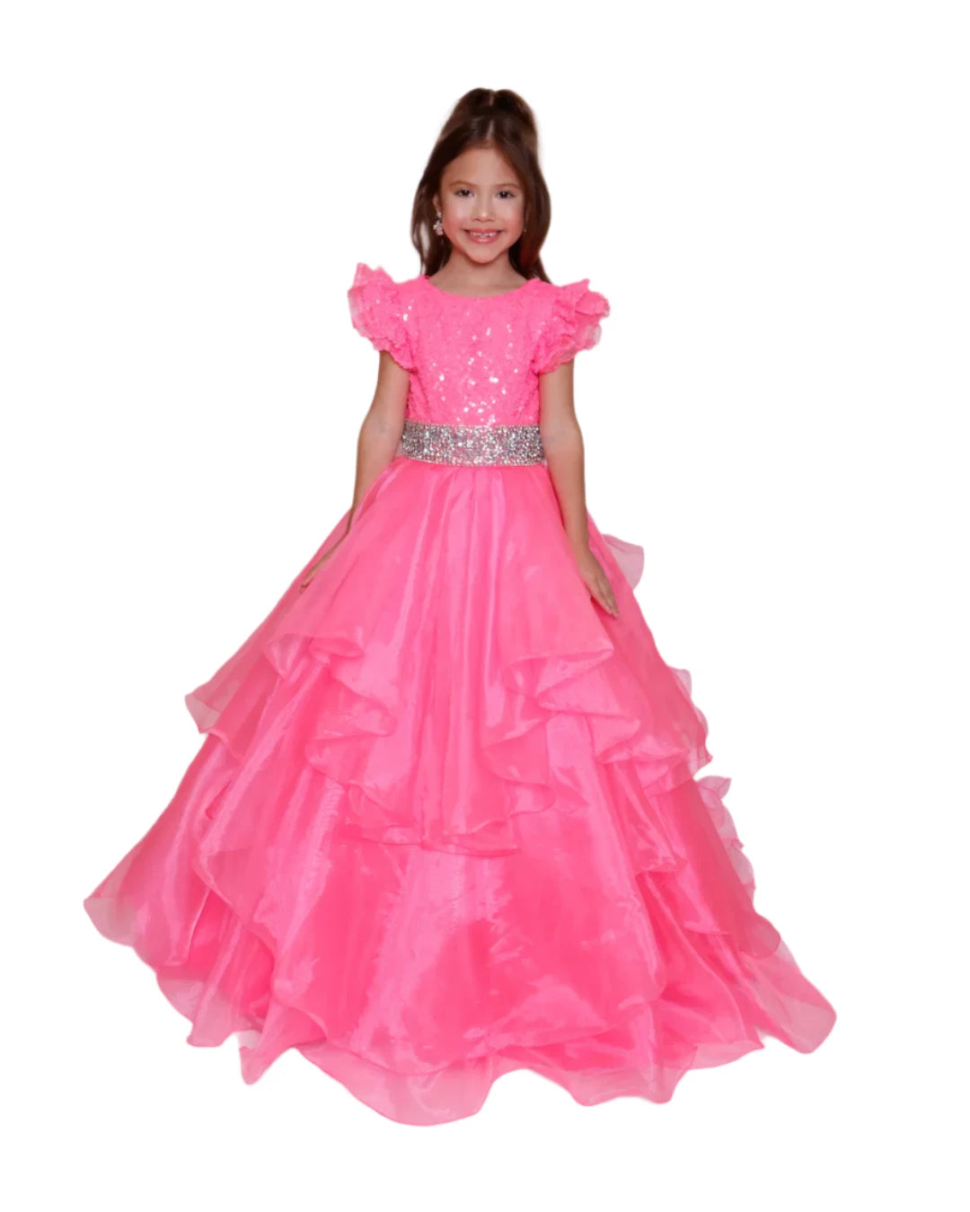 Expertly crafted and elegant, the Ava Presley 39892 girls pageant dress features a stunning blend of sequins and a keyhole ball gown train. The cap sleeves and layered design add a touch of sophistication, while the high-quality construction ensures a flawless fit for your little princess.