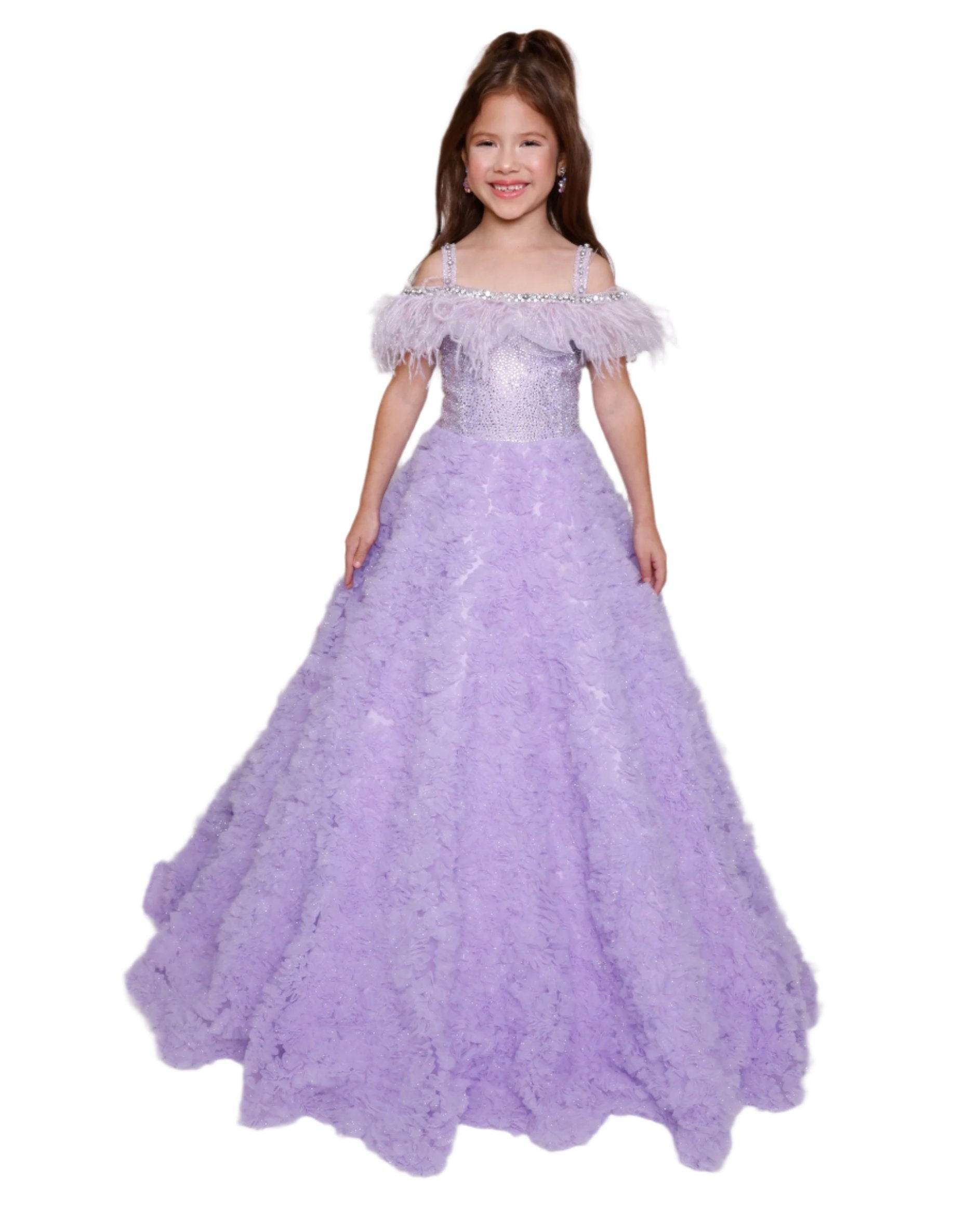 This Ava Presley 39894 Girls Pageant Dress features shimmering feather details and a crystal embellished off-the-shoulder neckline for a glamorous and elegant look. The ballgown silhouette is perfect for any formal occasion, making this dress a must-have for any young fashionista. Feel like a princess and stand out in this stunning dress. The Ava Presley 39894 