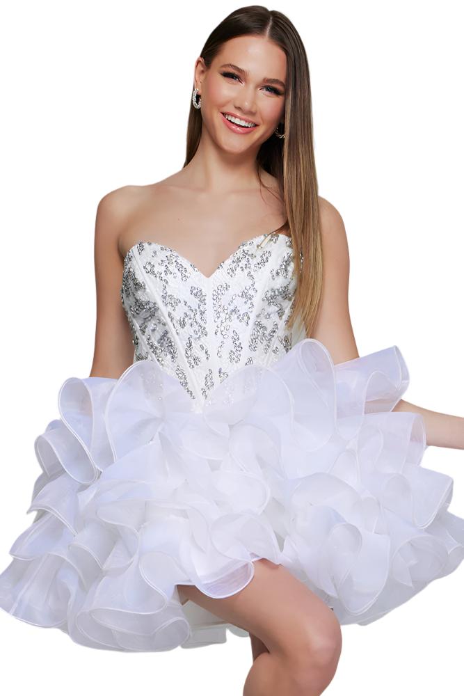 Expertly crafted by Jovani, the 39932 Short Beaded Corset Homecoming Dress exudes sophistication and elegance. With its intricate beadwork and ruffled skirt, this crystal strapless cocktail dress is sure to make a statement at any event. Embrace timeless style in this stunning piece.