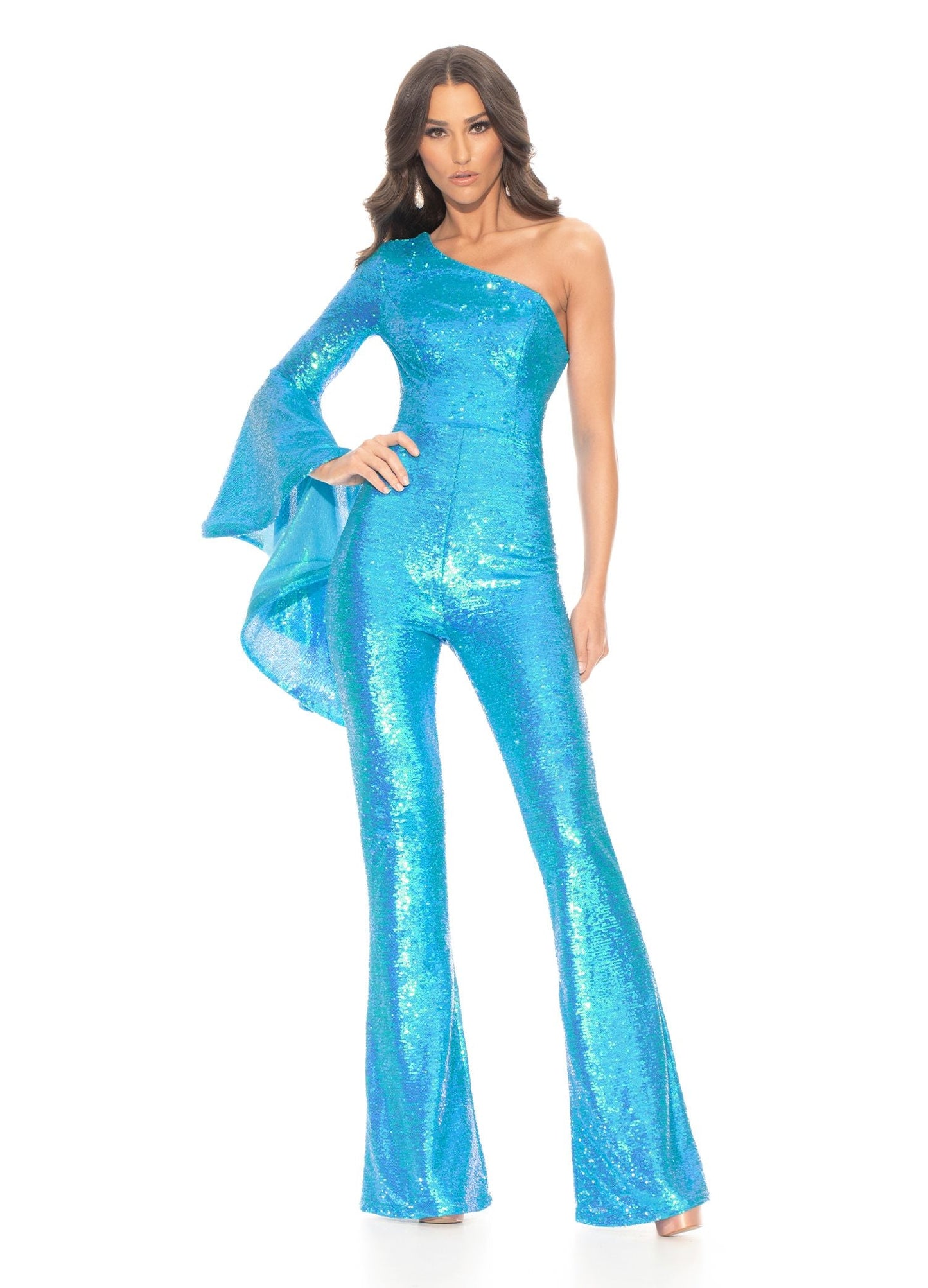 Ashley Lauren 11047 Be bold in this sequin one shoulder jumpsuit with long bell sleeve. This jumpsuit would be perfect for your next pageant or special formal event and gives us some major 70's vibes!  Colors  Neon Blue, AB Ivory, Neon Orange, Neon Pink  Sizes  0, 2, 4, 6, 8, 10, 12, 14, 16,  Jumpsuit One Shoulder Sequin Bell Sleeve Exposed Zipper