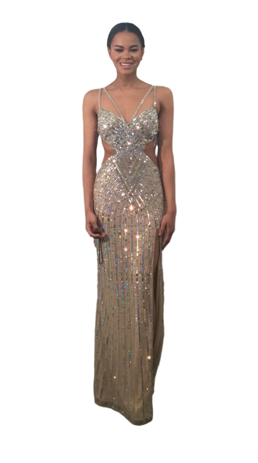 Get ready to turn heads in this stunning Jovani 40060 dress! The form-fitting silhouette and intricate sequin detailing make for a glamorous look, while the cut-out design adds a touch of edge. Perfect for prom or any formal event, this gown is sure to make a statement. Size 00 fits like a dream.