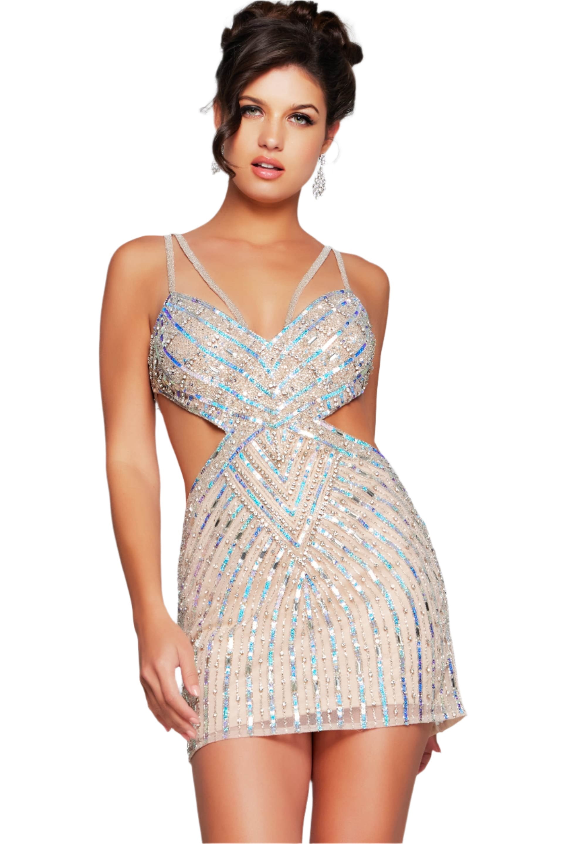 Expertly designed for any formal occasion, the Jovani 400610 Short Cut Out Homecoming Dress features dazzling beaded sequins and a stylish cut out design. This dress is perfect for making a statement and standing out from the crowd with its unique and eye-catching details. Elevate your look and show off your personal style with this elegant and sophisticated gown.