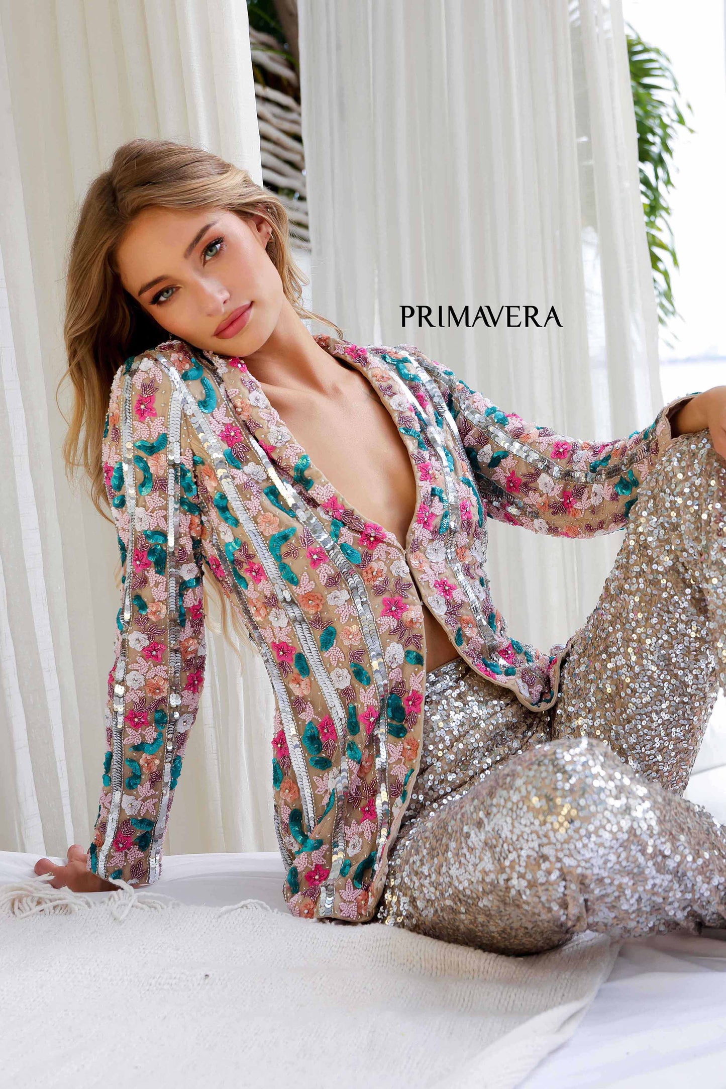 Primavera Couture 4274 Flower Sequined Two Piece Women's Suit Formal Wear Eyelet Hooks