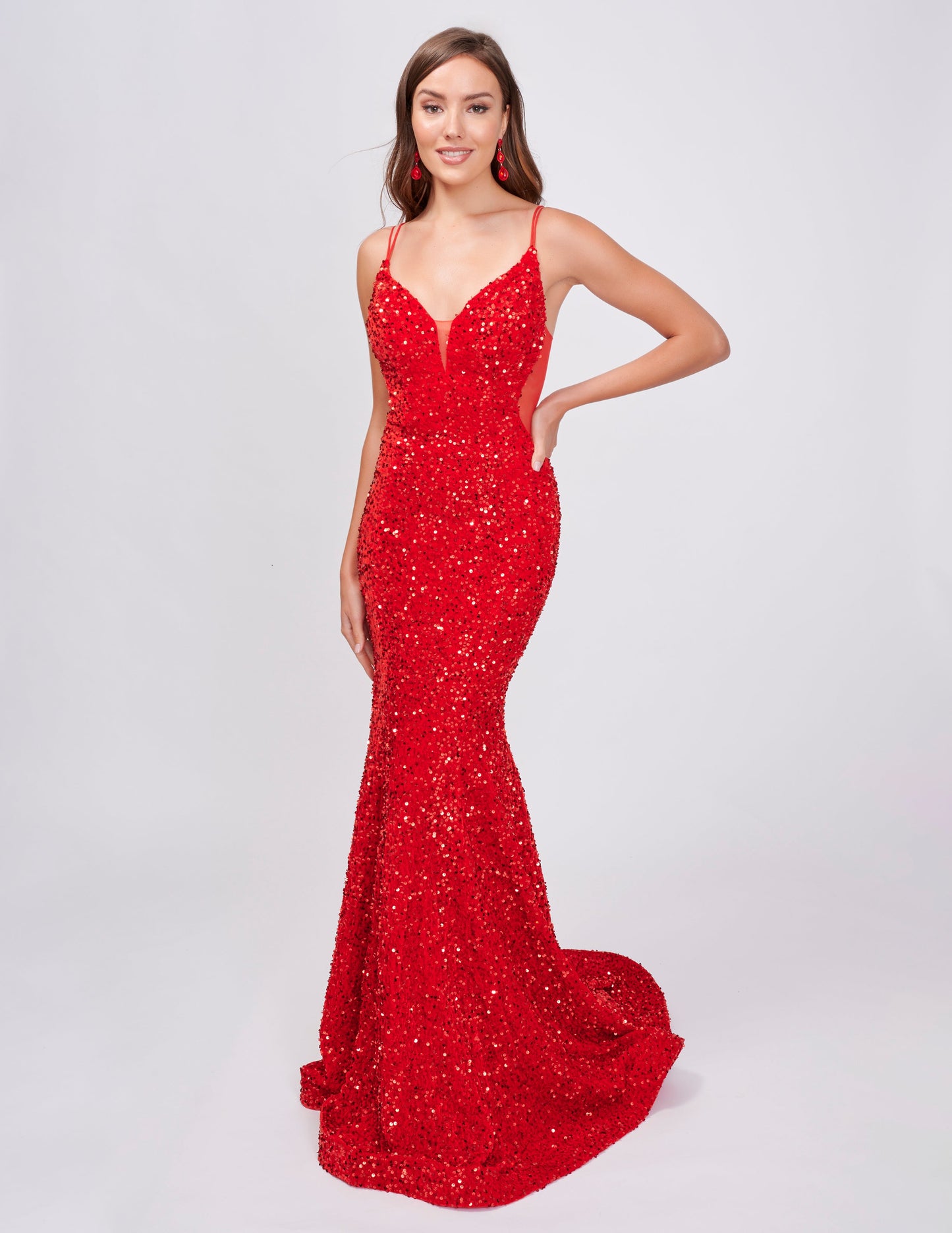 Elevate your style with the Nina Canacci 4420 Velvet Sequin Mermaid Prom Dress. Featuring a striking sheer v-neckline and stunning velvet sequin design, this formal evening gown is sure to make a statement. With its flattering mermaid silhouette, it's the perfect choice for a prom or special occasion.