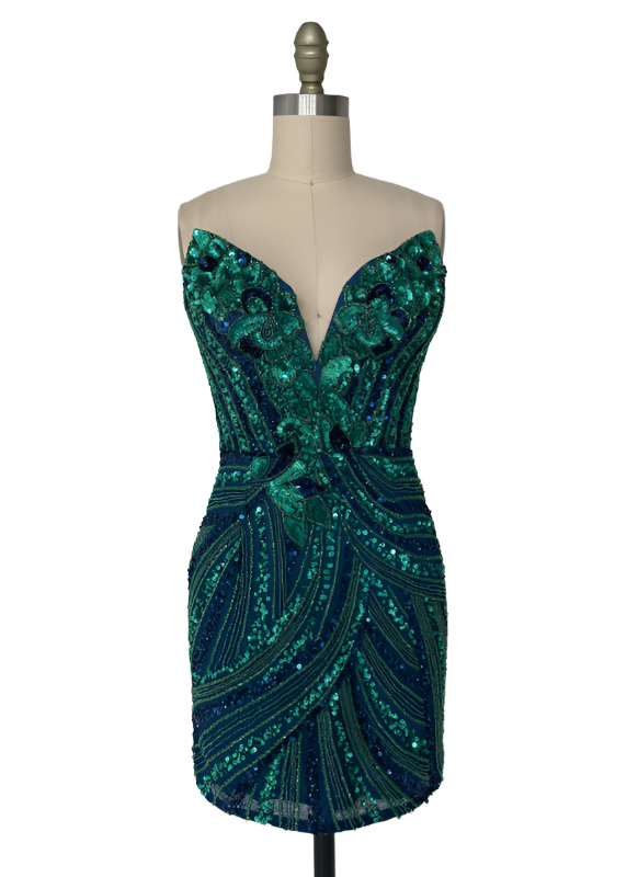 Ashley Lauren 4500 This knockout Short cocktail dress features a plunging V neckline and back and is made of sequins.&nbsp; It has a beautiful multi colored sequin pattern that makes this dress stand out.&nbsp;&nbsp; Available colors: Turquoise/Royal, Black, Blue/Jade, Bright Pink, Candy Pink, Emerald, Gold, Gold/Black, Ivory, Lilac, Rose Gold, Sky, Sky/Nude