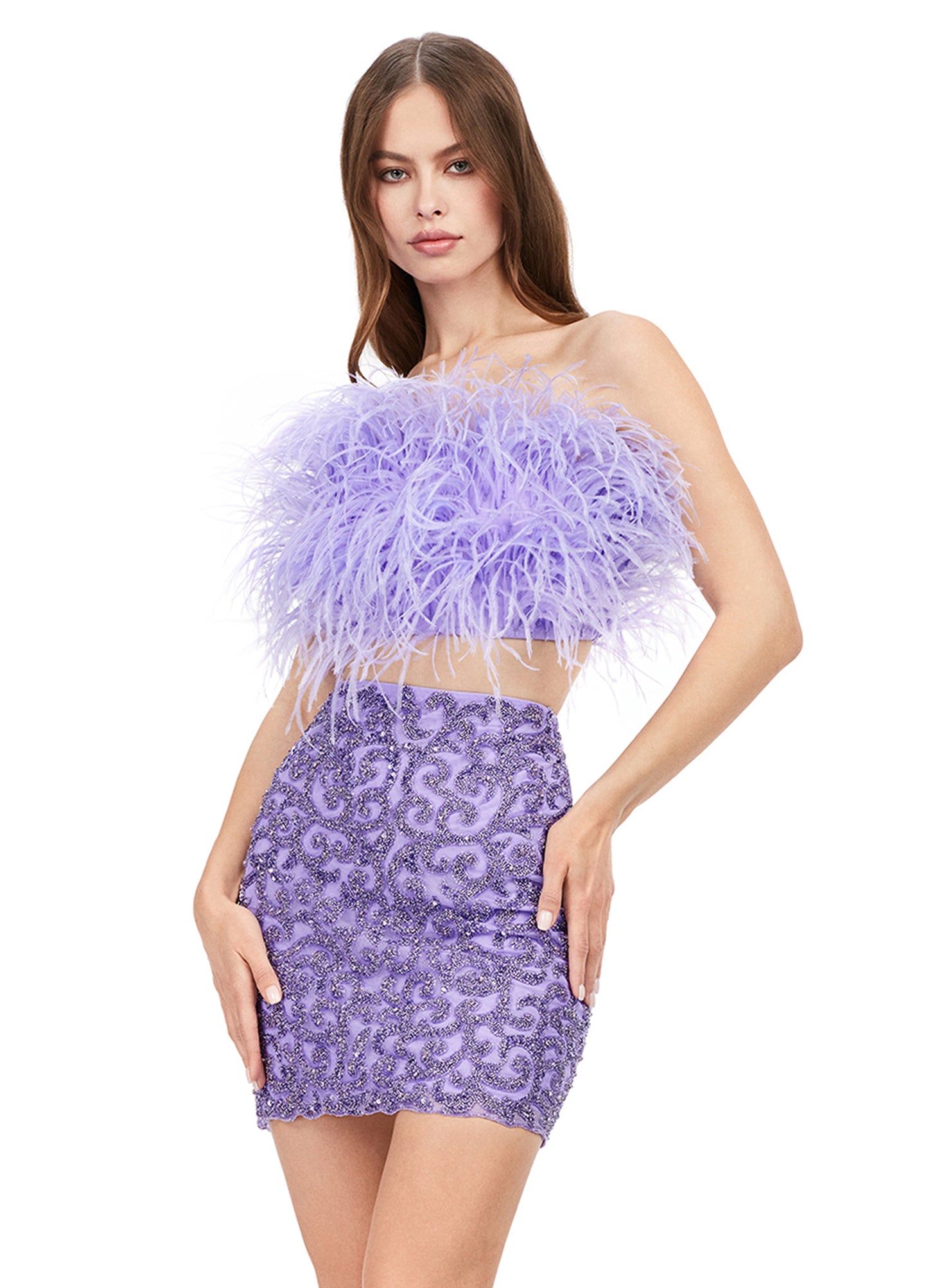 Ashley Lauren 4599 Short Two Piece Beaded Skirt Feather Bodice Formal Cocktail Dress  Homecoming This two piece set features a fully beaded skirt and fully feathered top, the perfect pair! This gorgeous piece is a must for your closet! Strapless Feather Bustier Two-Piece Fitted Skirt Sizes: 00-16 Colors:  Sky, Candy Pink, Ivory, Lilac, Red