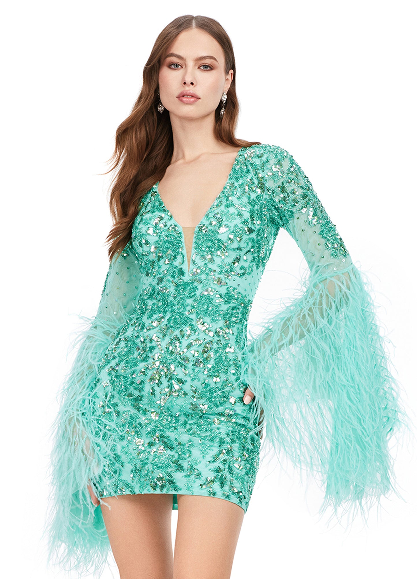 Ashley Lauren 4603 Fully Beaded Bell Sleeve With Feathers V-Neck Cocktail Homecoming Dress. Make a statement in this fully beaded cocktail dress with feather adorned flare sleeves! The look is complete with a V-neckline, full back and fitted skirt.