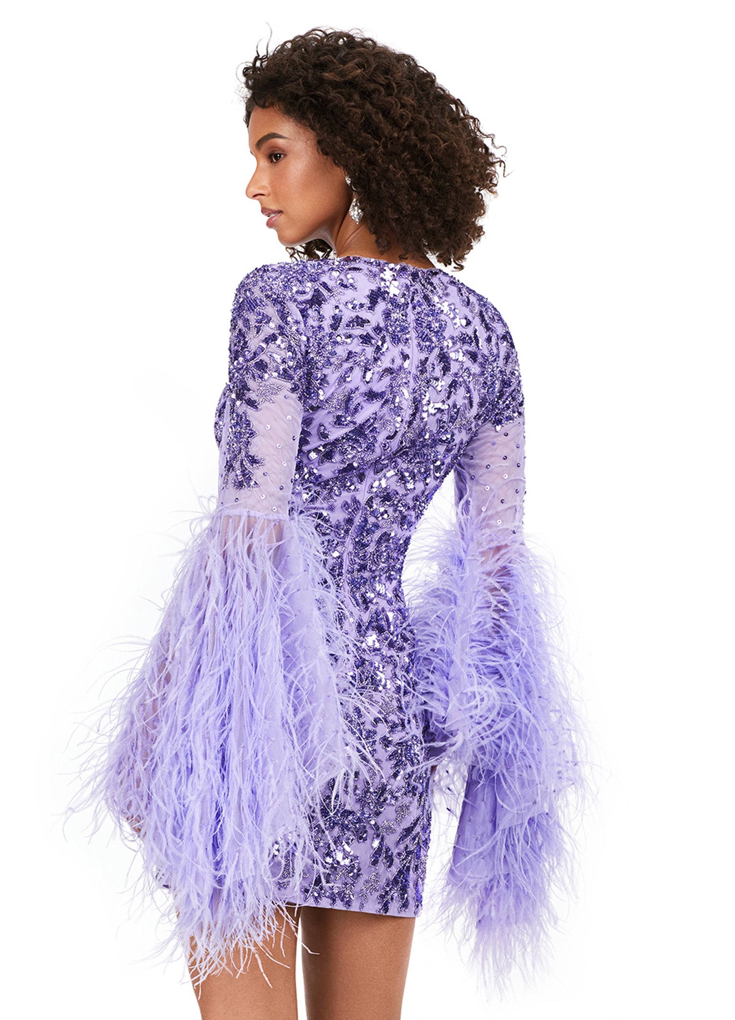 Ashley Lauren 4603 Fully Beaded Bell Sleeve With Feathers V-Neck Cocktail Homecoming Dress. Make a statement in this fully beaded cocktail dress with feather adorned flare sleeves! The look is complete with a V-neckline, full back and fitted skirt.