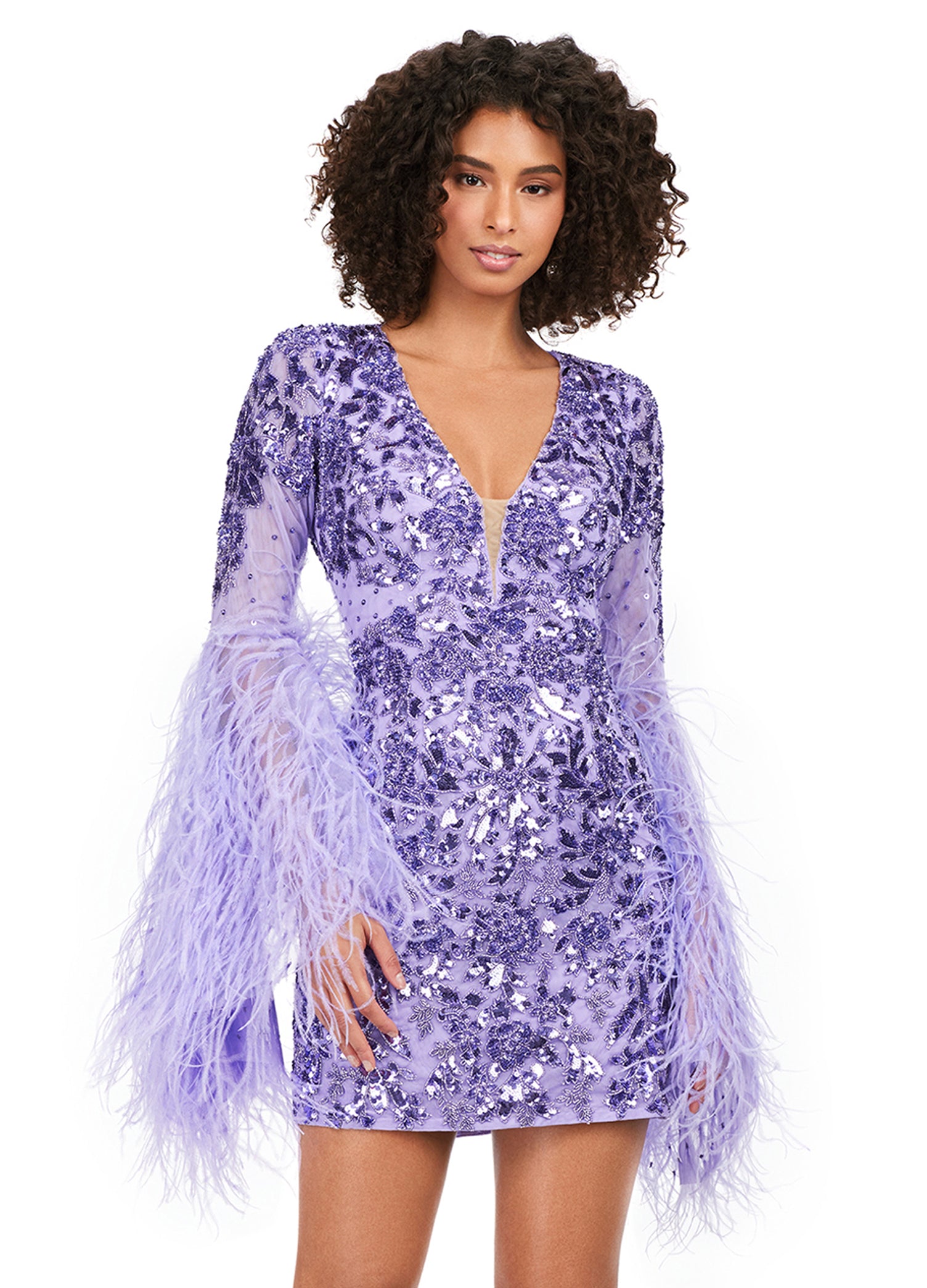 Ashley Lauren 4603 Short Beaded Sequin Long Feather Bell Sleeve Formal Dress Cocktail Gown Pageant Make a statement in this fully beaded cocktail dress with feather adorned flare sleeves! The look is complete with a V-neckline, full back and fitted skirt. V-Neckline Flare Feather Sleeves Fitted Skirt Fully Beaded Sizes: 0-18 Colors: Aqua, Black, Candy Pink, Orchid, Red