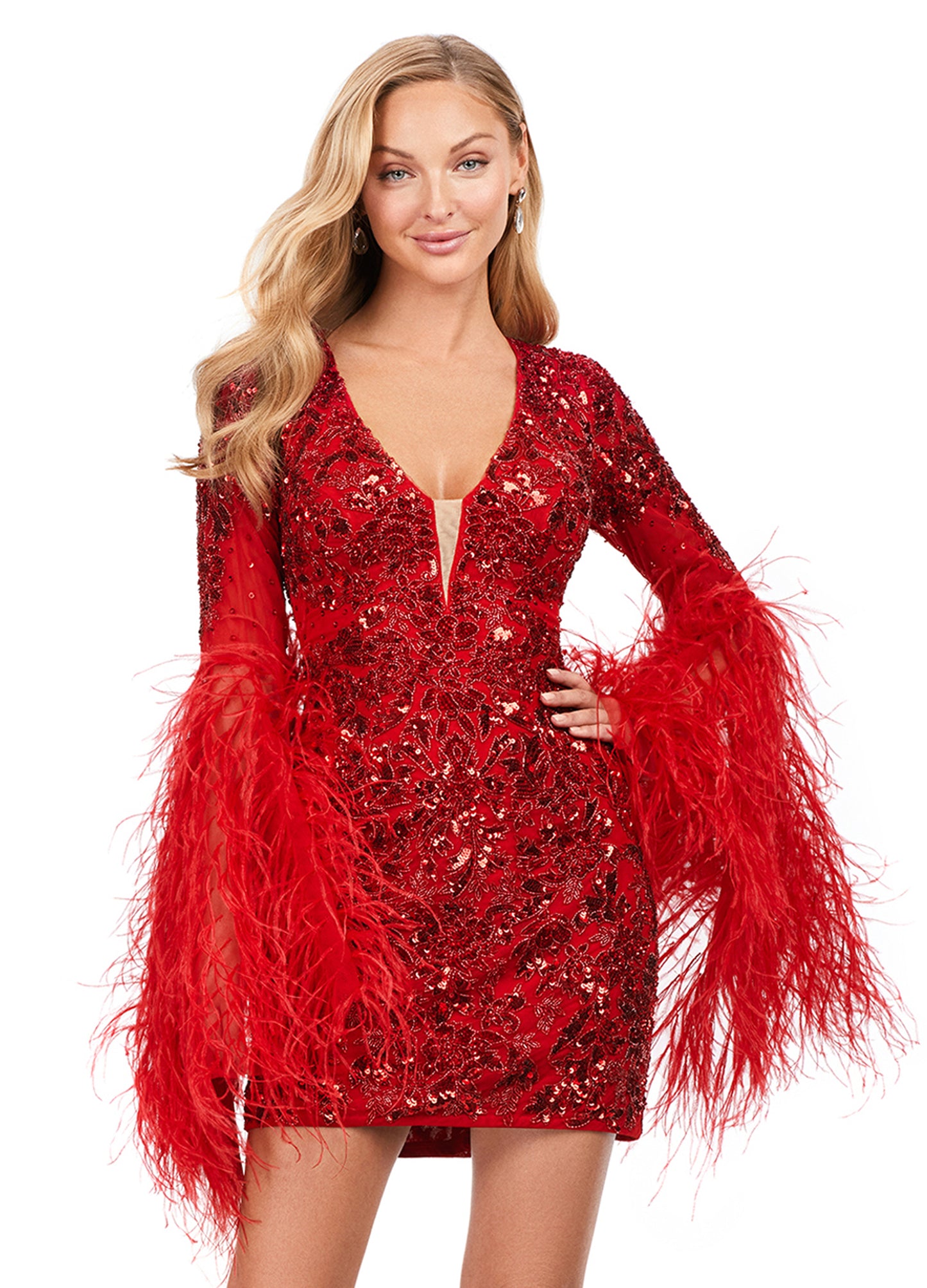 Ashley Lauren 4603 Fully Beaded Bell Sleeve With Feathers V-Neck Cocktail Homecoming Dress. Make a statement in this fully beaded cocktail dress with feather adorned flare sleeves! The look is complete with a V-neckline, full back and fitted skirt.