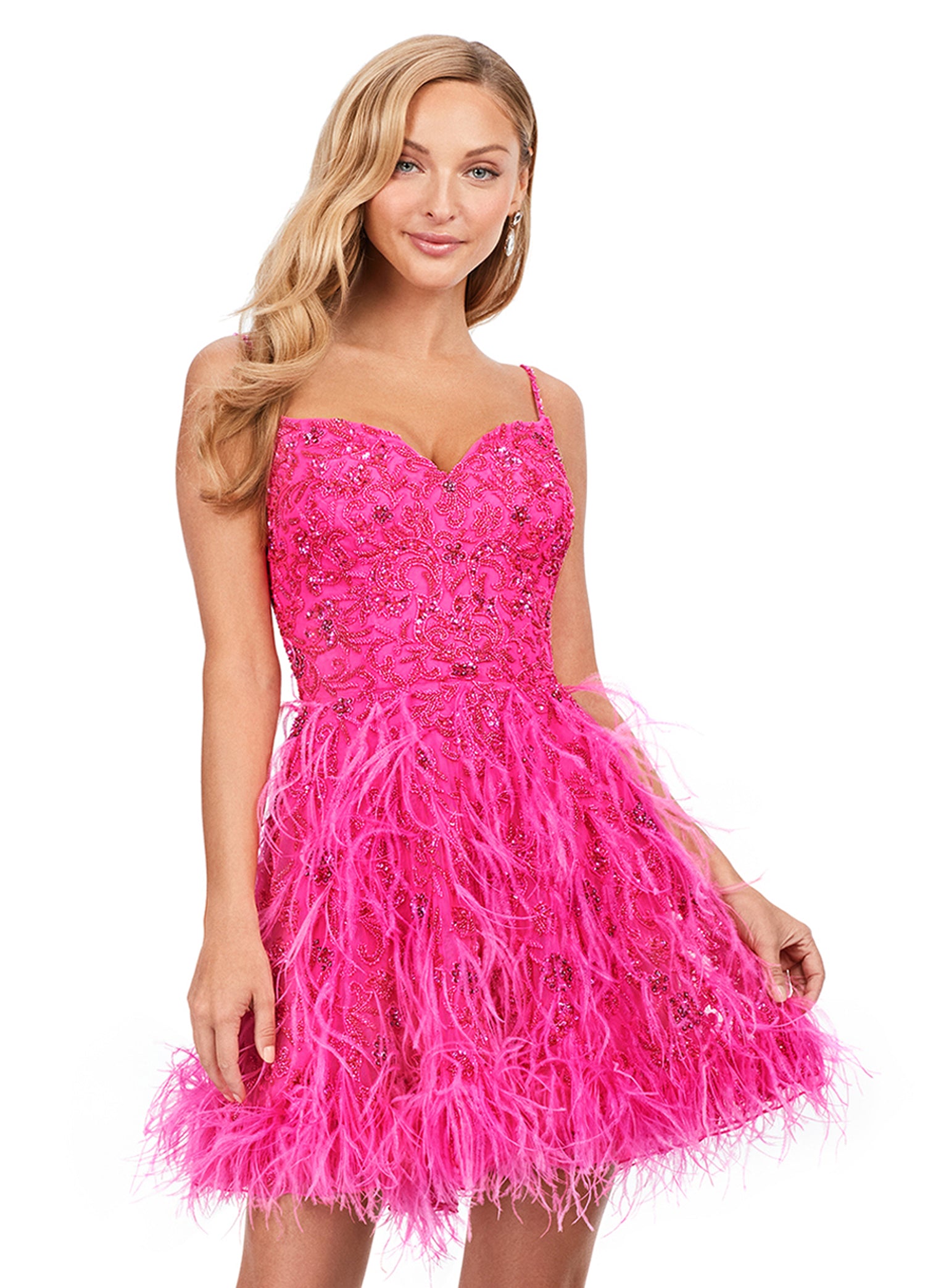 Ashley Lauren 4604 Short A Line Beaded Feather Formal Cocktail Dress Sequin Pageant Wear Turn heads in this fabulous cocktail dress which features beading throughout and pops of feathers on the skirt. The perfect gown for some fun on the dance floor or stage! Sweetheart Neckline Spaghetti Straps A-Line Skirt Feather Details Sizes: 00-16 Colors: Lilac, Neon Pink, Ivory, Sky