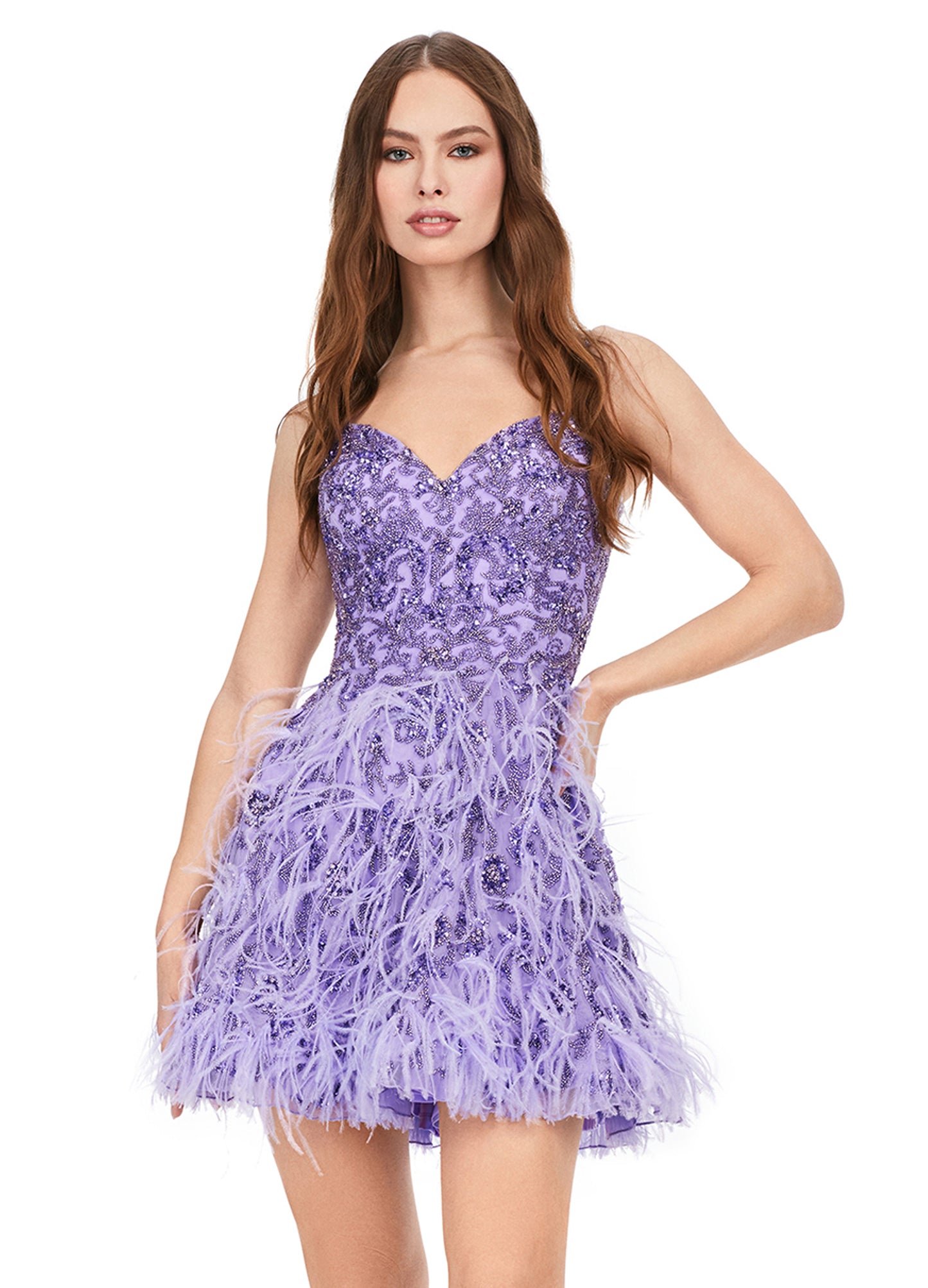 Ashley Lauren 4604 Short A Line Beaded Feather Formal Cocktail Dress Sequin Pageant Wear Turn heads in this fabulous cocktail dress which features beading throughout and pops of feathers on the skirt. The perfect gown for some fun on the dance floor or stage! Sweetheart Neckline Spaghetti Straps A-Line Skirt Feather Details Sizes: 00-16 Colors: Lilac, Neon Pink, Ivory, Sky