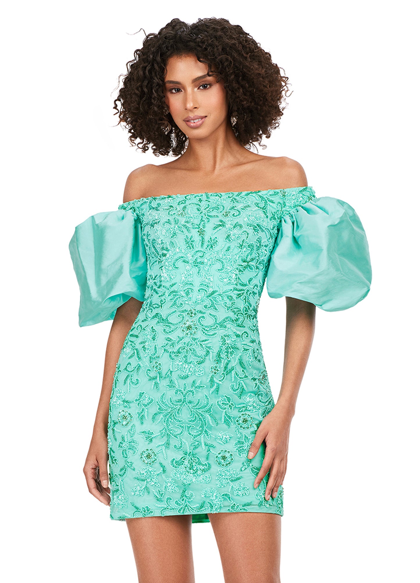 Ashley Lauren 4609 Off The Shoulder Puff Sleeve Beaded Fitted Cocktail Homecoming Dress. This off the shoulder gown is complete with puff sleeves. With beautiful beading throughout, this dress is perfect for any occasion!