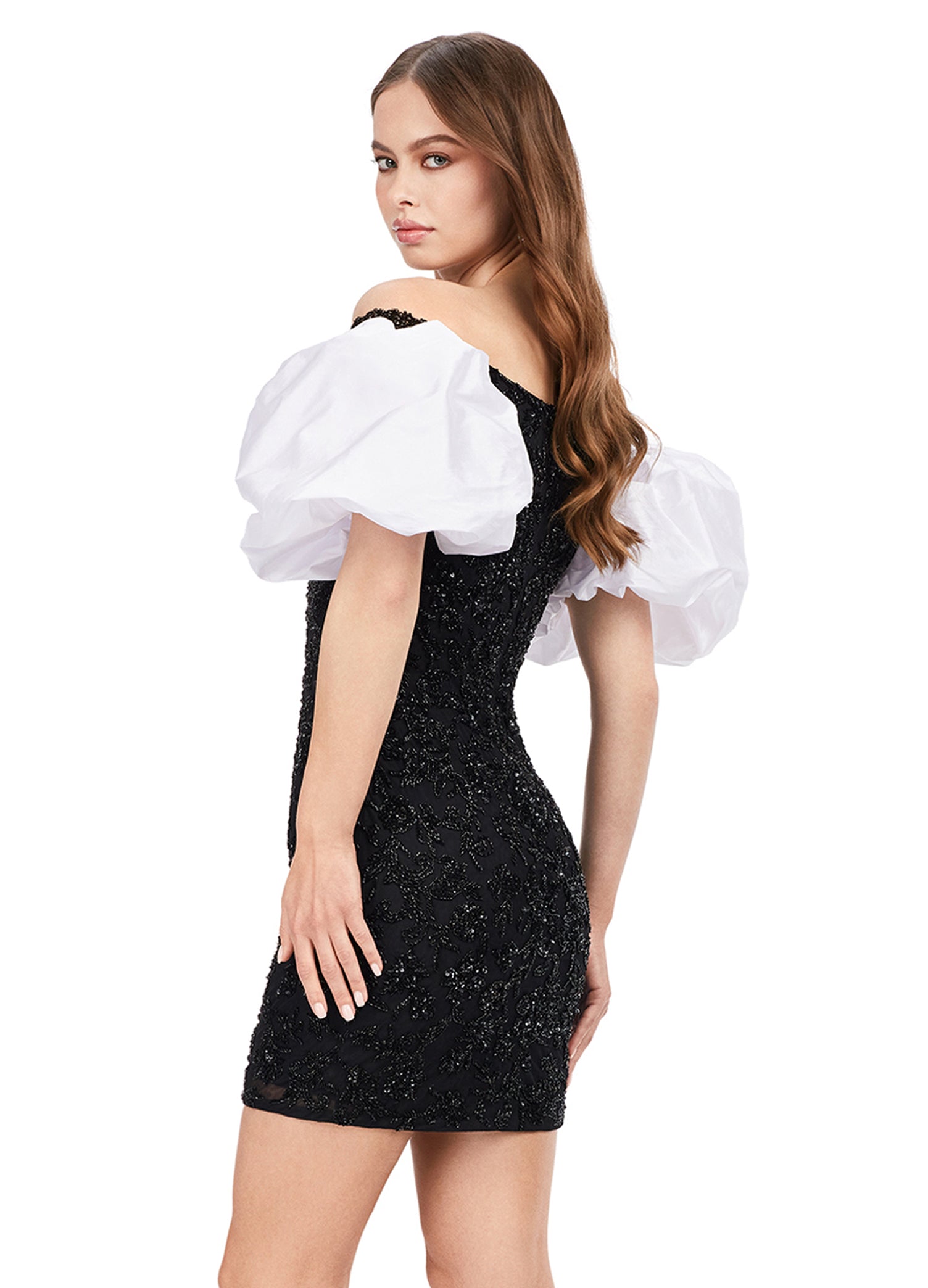 Ashley Lauren 4609 Off The Shoulder Puff Sleeve Beaded Fitted Cocktail Homecoming Dress. This off the shoulder gown is complete with puff sleeves. With beautiful beading throughout, this dress is perfect for any occasion!