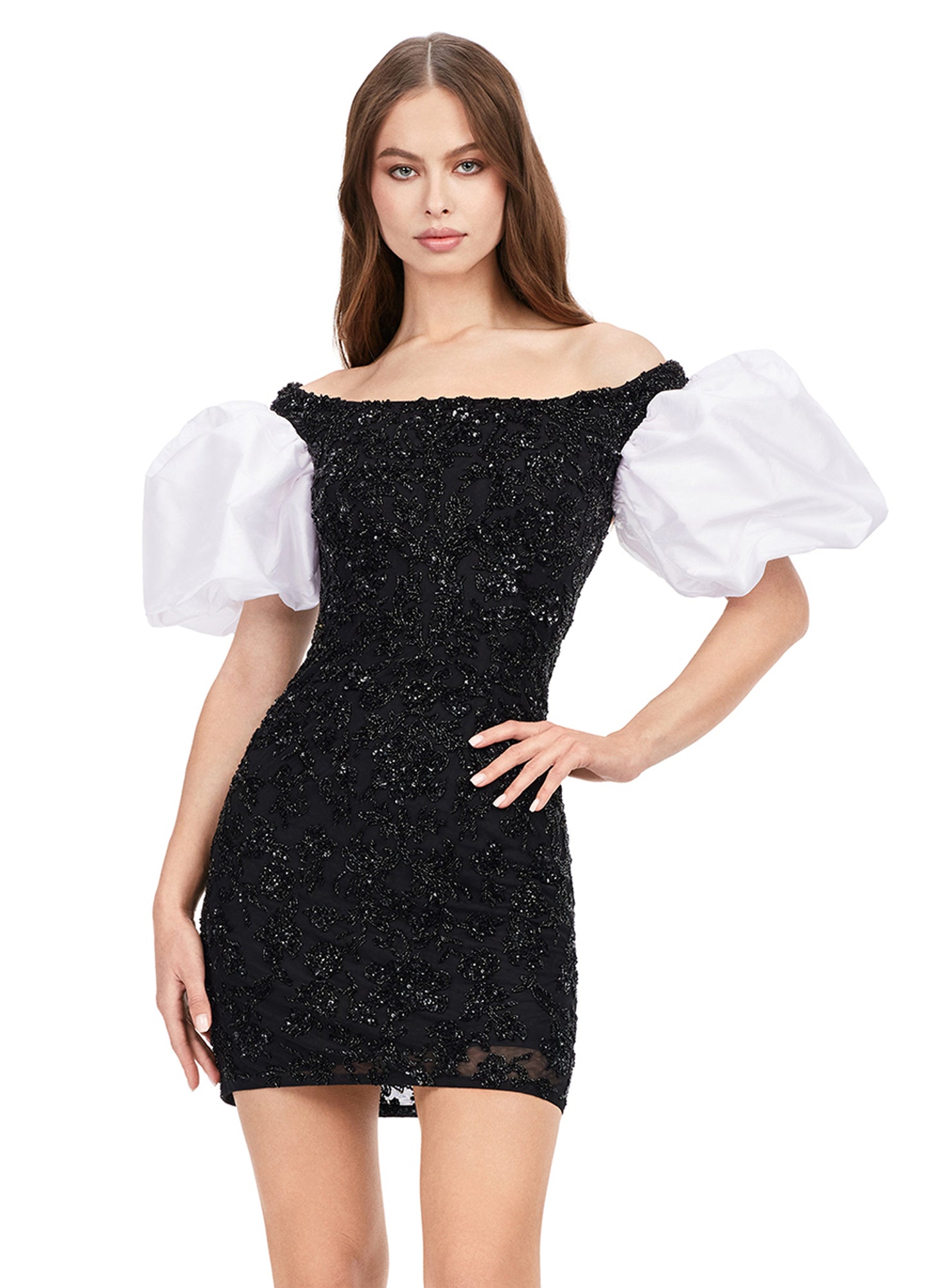 Ashley Lauren 4609 Off The Shoulder Puff Sleeve Beaded Fitted Cocktail Homecoming Dress. This off the shoulder gown is complete with puff sleeves. With beautiful beading throughout, this dress is perfect for any occasion!