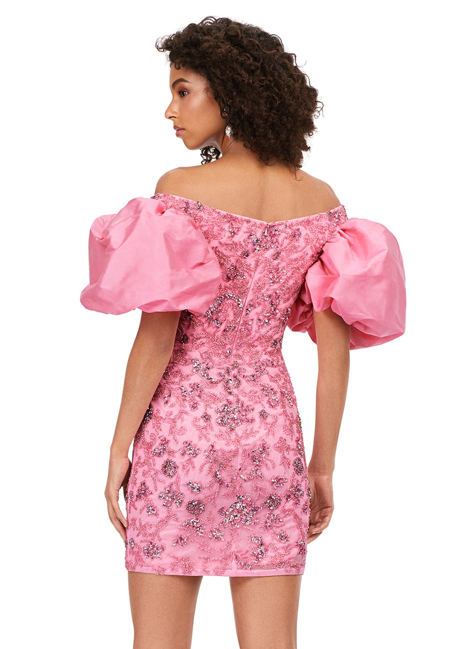 Ashley Lauren 4609 Off The Shoulder Puff Sleeve Beaded Fitted Cocktail Homecoming Dress. This off the shoulder gown is complete with puff sleeves. With beautiful beading throughout, this dress is perfect for any occasion!