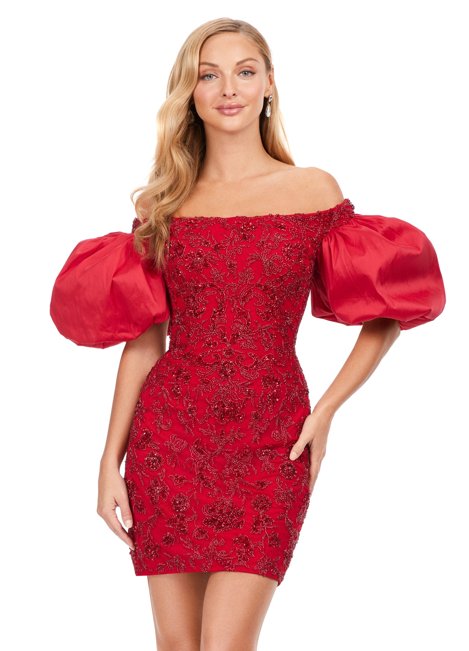 Ashley Lauren 4609 Off The Shoulder Puff Sleeve Beaded Fitted Cocktail Homecoming Dress. This off the shoulder gown is complete with puff sleeves. With beautiful beading throughout, this dress is perfect for any occasion!