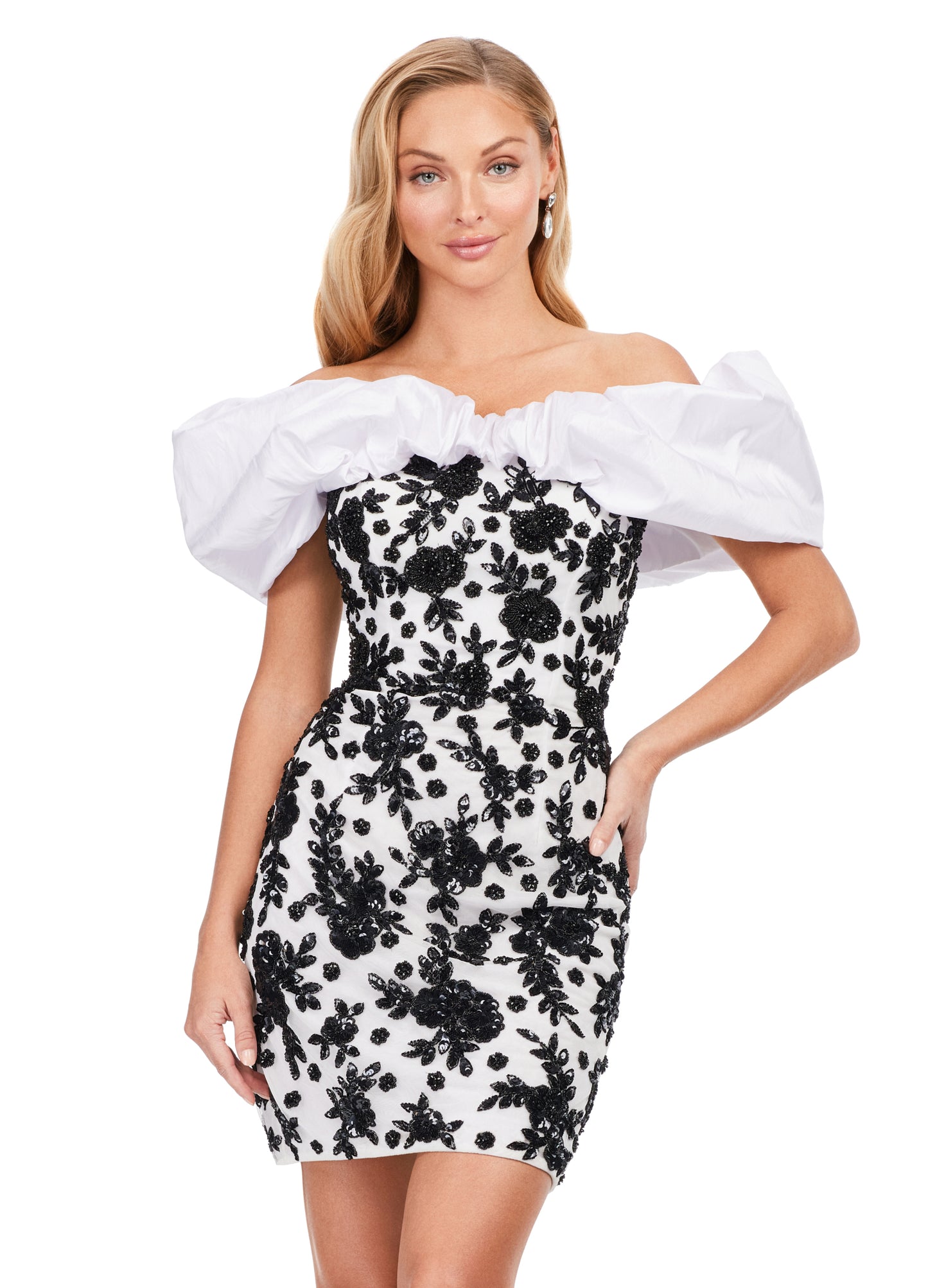 Ashley Laruen 4613 Oversized Ruffle Off The Shoulder Beaded Fitted Sequin Design Cocktail Homecoming Dress. Have a blast in this fun cocktail dress that features a sequin pattern throughout and off shoulder oversized ruffle detail!