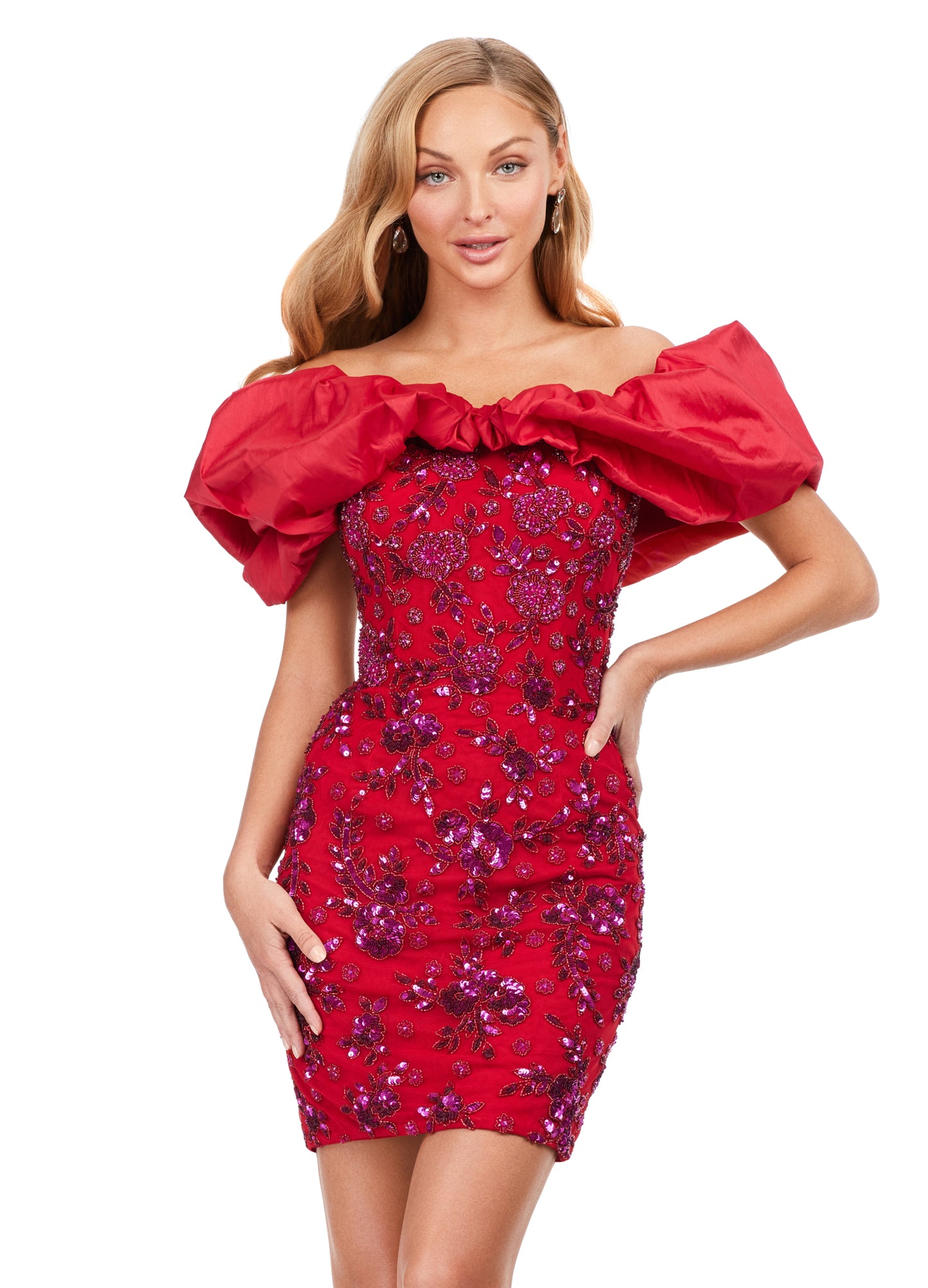 Ashley Laruen 4613 Oversized Ruffle Off The Shoulder Beaded Fitted Sequin Design Cocktail Homecoming Dress. Have a blast in this fun cocktail dress that features a sequin pattern throughout and off shoulder oversized ruffle detail!