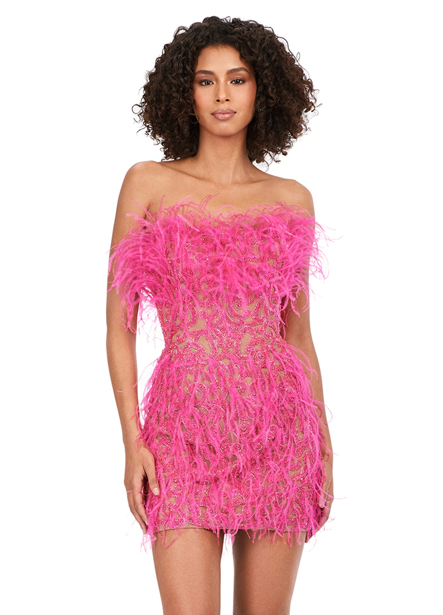 Ashley Lauren 4615 Fully Beaded Strapless Sheer Embellished Bodice Feather Detailing Cocktail Homecoming Dress. Feel like a queen in this fully beaded, strapless cocktail dress. With light feathers throughout, this dress will make a statement at any event!