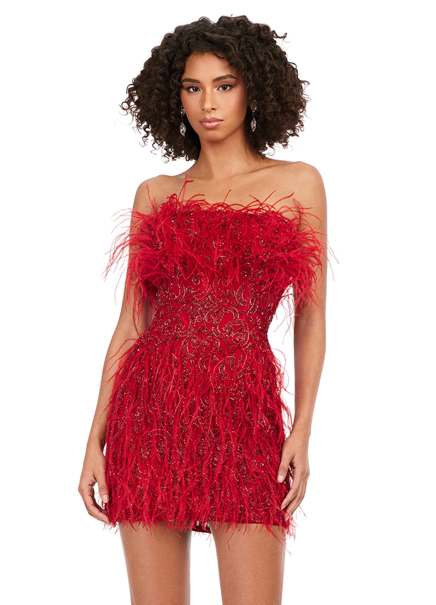 Ashley Lauren 4615 Fully Beaded Strapless Sheer Embellished Bodice Feather Detailing Cocktail Homecoming Dress. Feel like a queen in this fully beaded, strapless cocktail dress. With light feathers throughout, this dress will make a statement at any event!