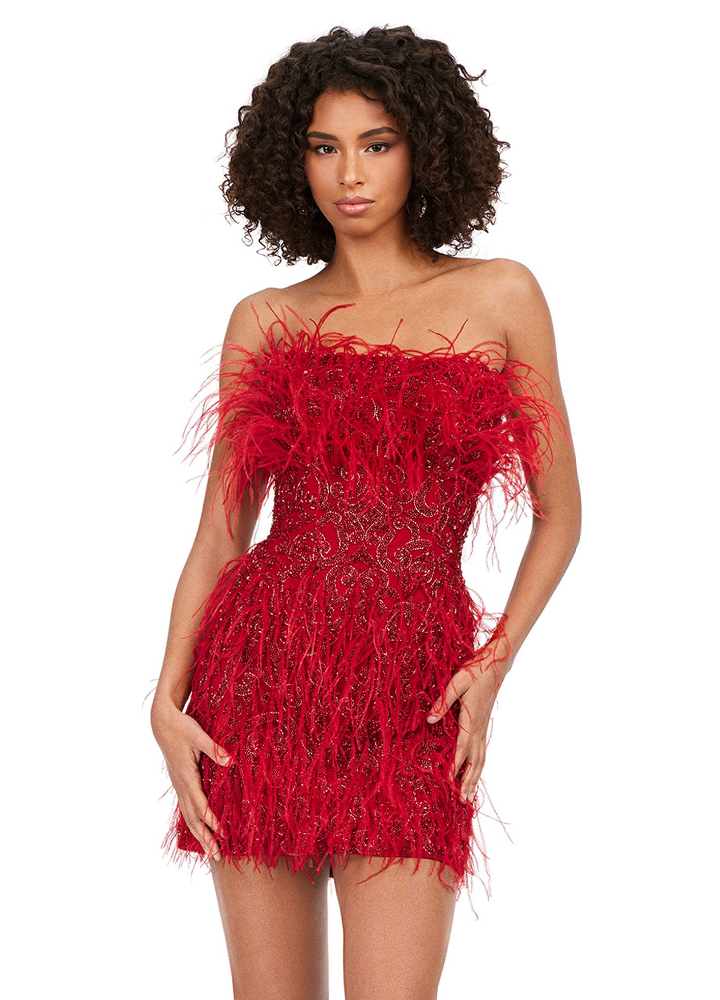 Ashley Lauren 4615 Fully Beaded Strapless Sheer Embellished Bodice Feather Detailing Cocktail Homecoming Dress. Feel like a queen in this fully beaded, strapless cocktail dress. With light feathers throughout, this dress will make a statement at any event!