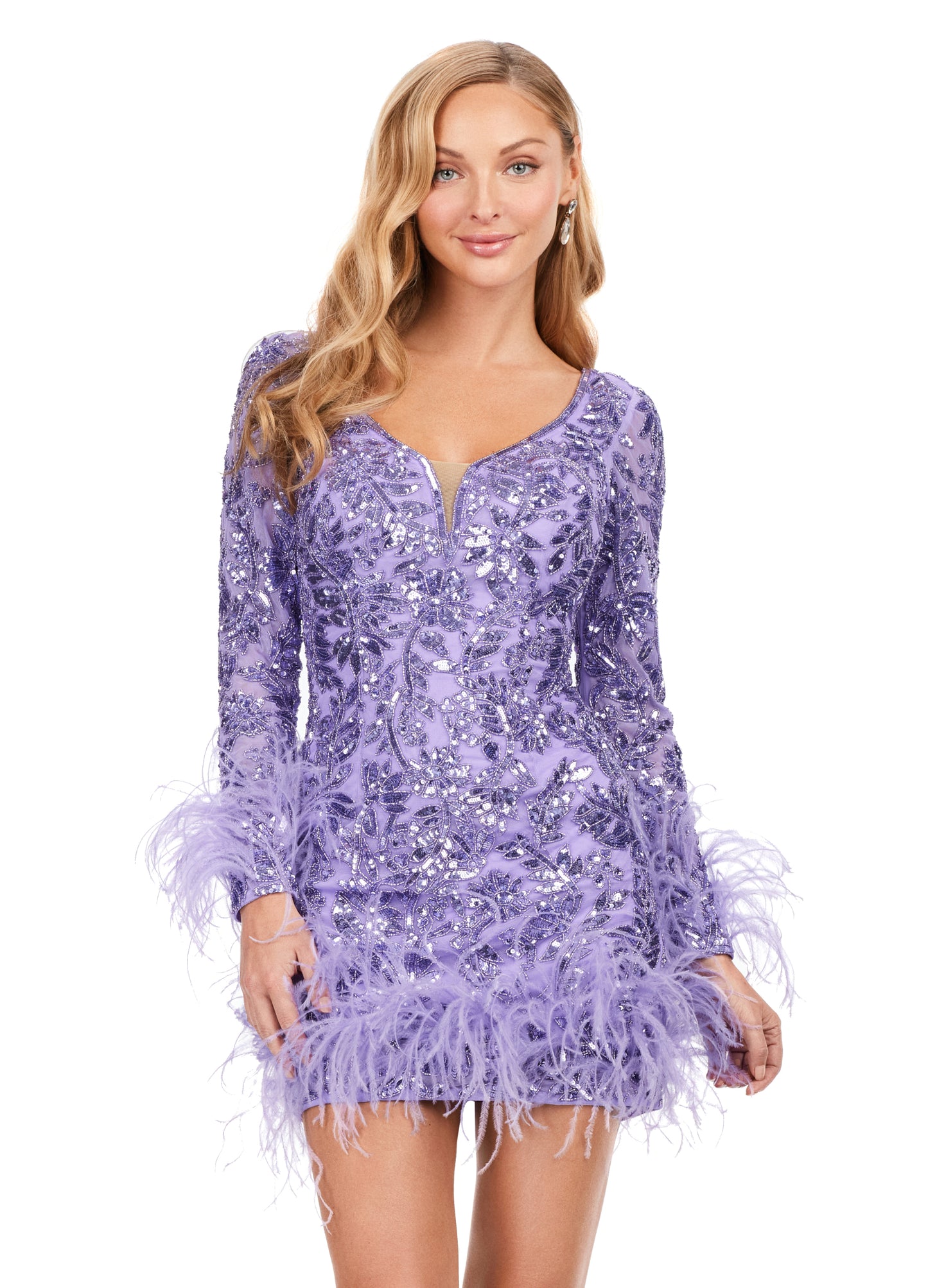 Ashley Lauren 4616 Long Sleeve Feather Detail Sequin V-Neck Open Back Cocktail Homecoming Dress. Feel luxurious in this fully sequin, open back cocktail dress. We added the perfect amount of drama with feathers along the skirt and sleeves of this dress.