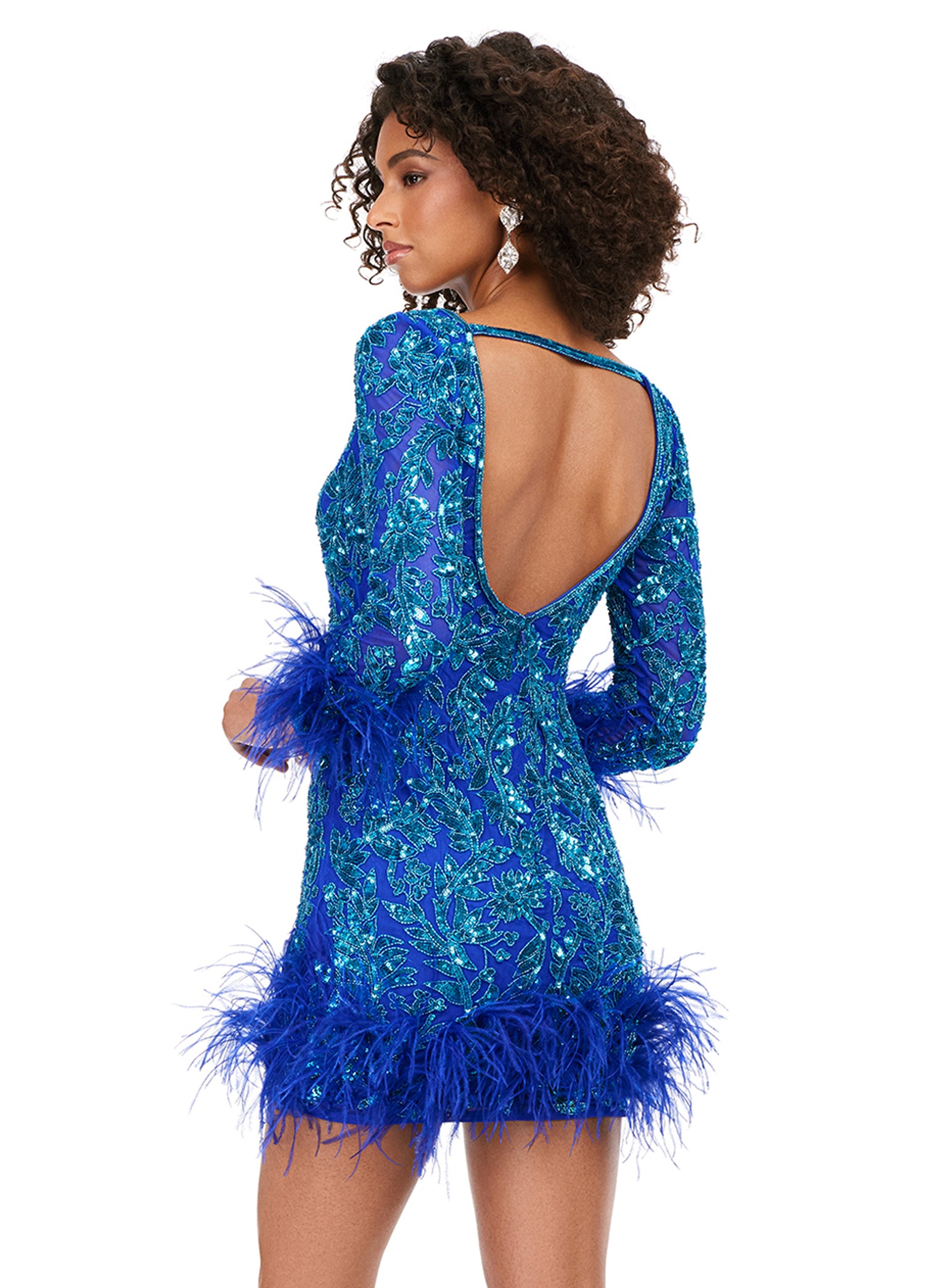 Ashley Lauren 4616 Long Sleeve Feather Detail Sequin V-Neck Open Back Cocktail Homecoming Dress. Feel luxurious in this fully sequin, open back cocktail dress. We added the perfect amount of drama with feathers along the skirt and sleeves of this dress.