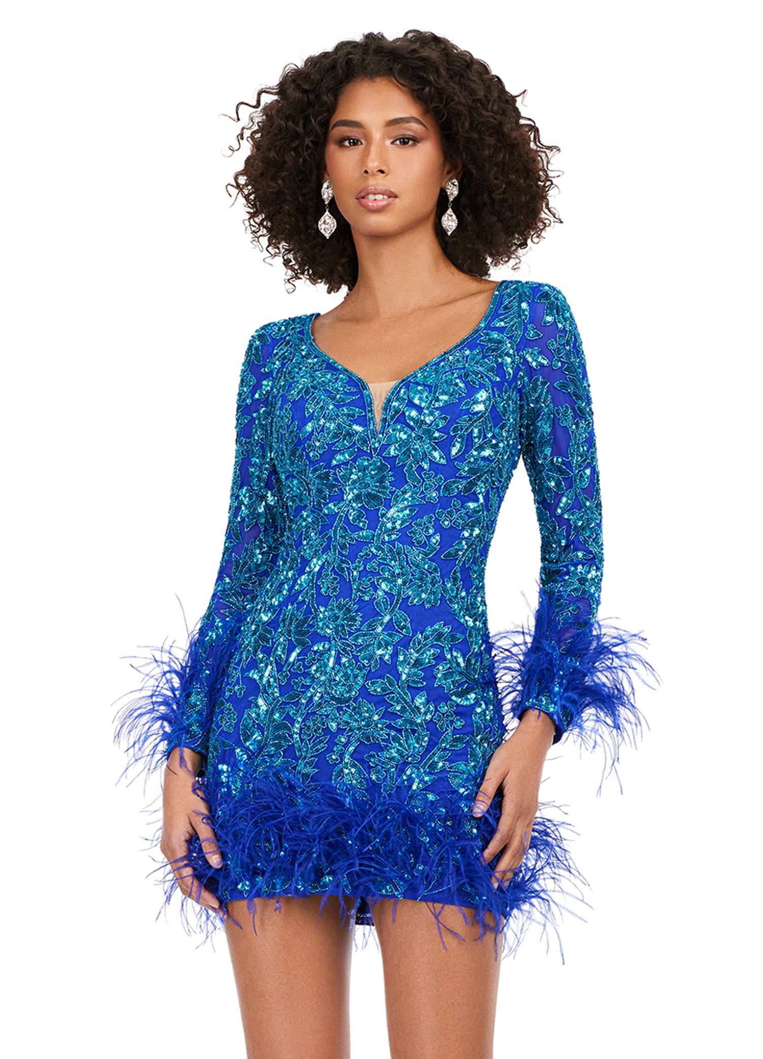 Ashley Lauren 4616 Long Sleeve Feather Detail Sequin V-Neck Open Back Cocktail Homecoming Dress. Feel luxurious in this fully sequin, open back cocktail dress. We added the perfect amount of drama with feathers along the skirt and sleeves of this dress.