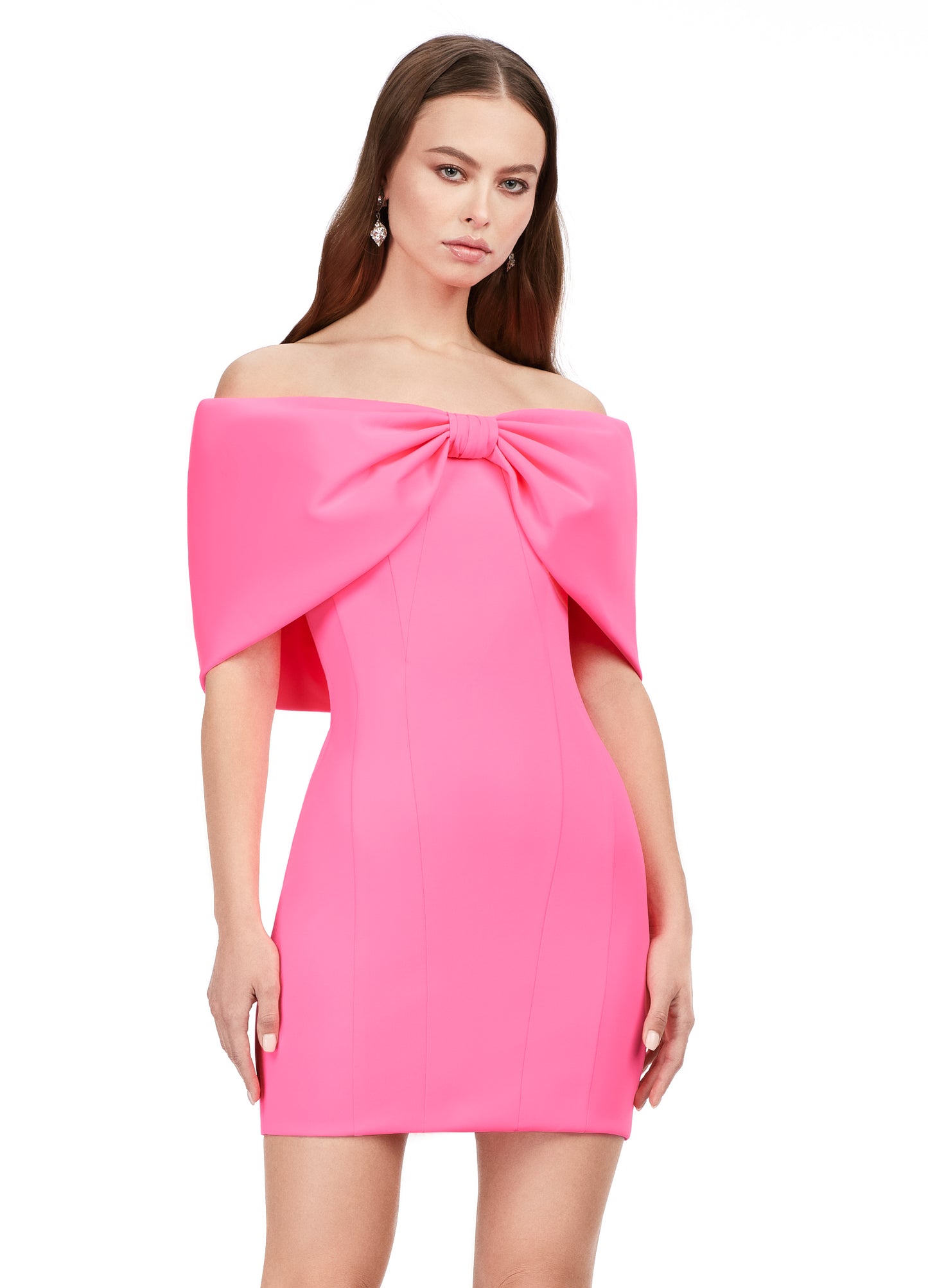 Ashley Lauren 4640 Oversized Off The Shoulder Bow Design Fitted Cocktail Homecoming Dress. This off shoulder cocktail dress is tres chic! The oversized bow gives way to the off shoulder straps completing the look.