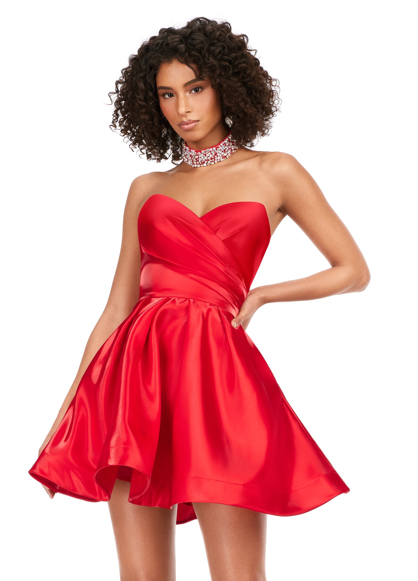 Ashley Lauren 4644 Strapless Satin A-Line Skirt Fully Beaded Choker Cocktail Homecoming Dress. This strapless sweetheart cocktail dress features an A-line skirt and a fully-beaded choker.