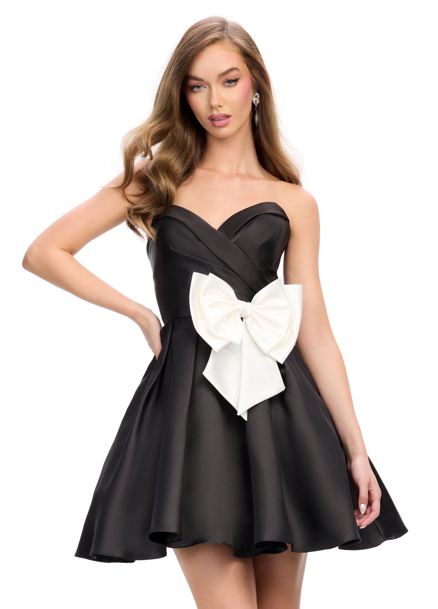 Ashley Lauren 4783 Sweetheart Neckline Cocktail Dress Ruched Bodice Mikado A Line Skirt Bow Hip