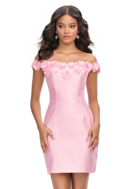 Ashley Lauren 4784 Flower Trimmed Cocktail Dress Bateau Neckline Sheath Mikado Off the Shoulder Flower Straps