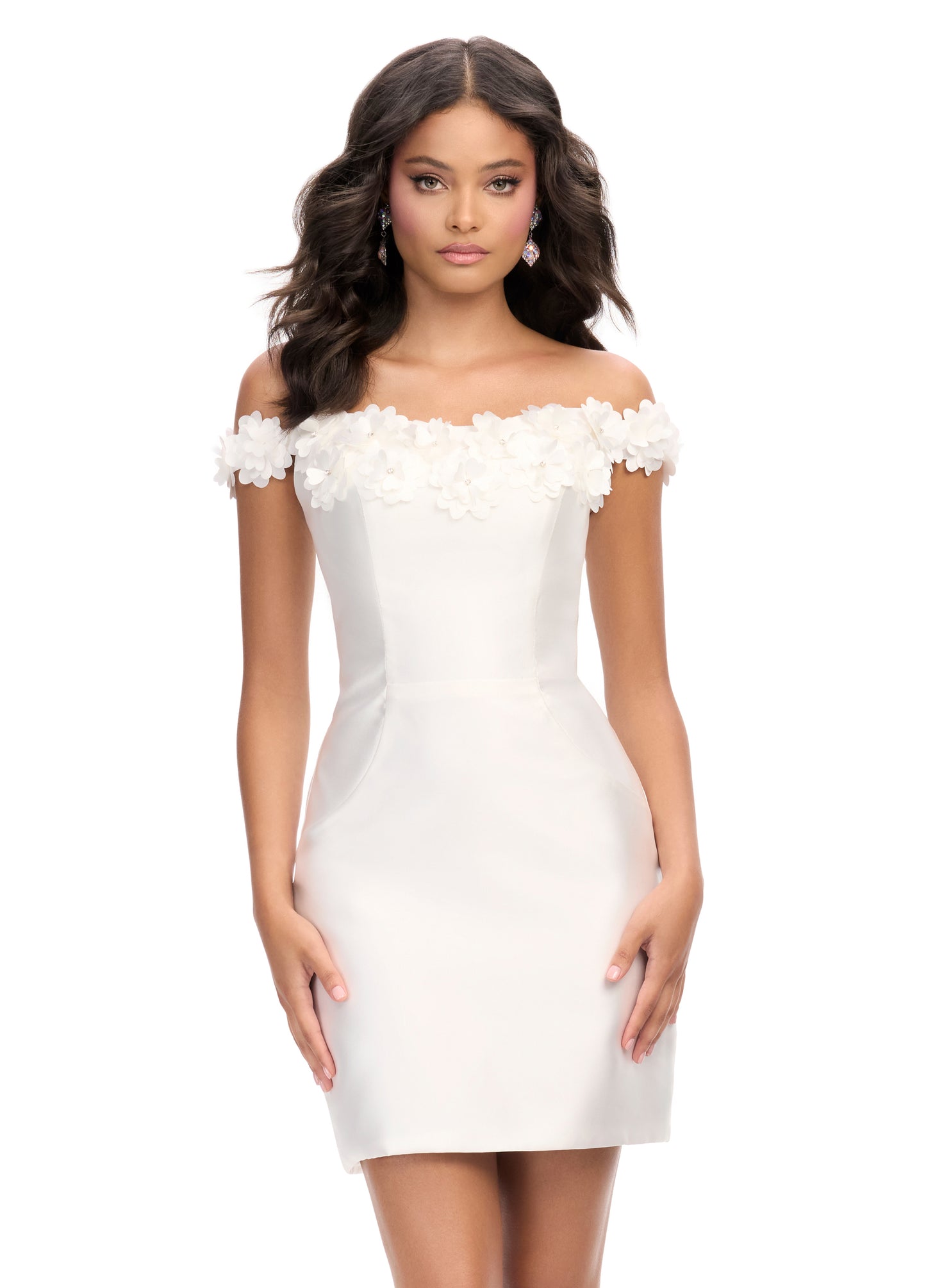 Ashley Lauren 4784 Flower Trimmed Cocktail Dress Bateau Neckline Sheath Mikado Off the Shoulder Flower Straps