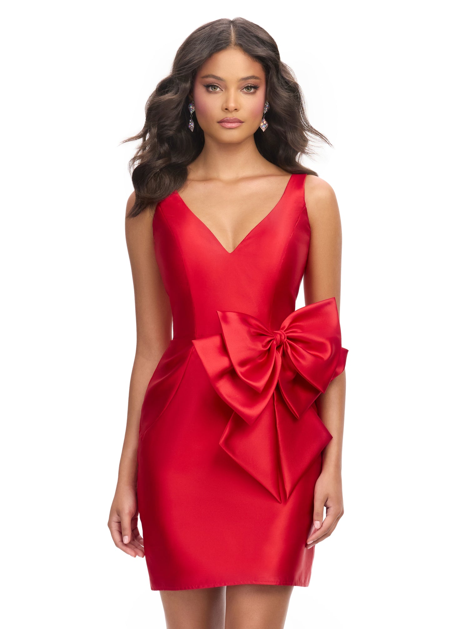 Ashley Lauren 4785 Mikato Cocktail Dress with Bow on the Hip Wide Straps V Neckline