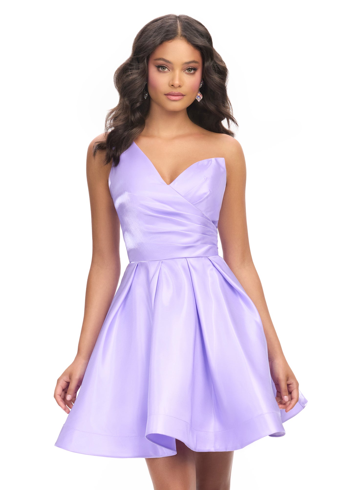 Ashley Lauren 4786 One Shoulder Satin Cocktail Dress Ruched Bodice A Line Skirt with Horsehair Trim