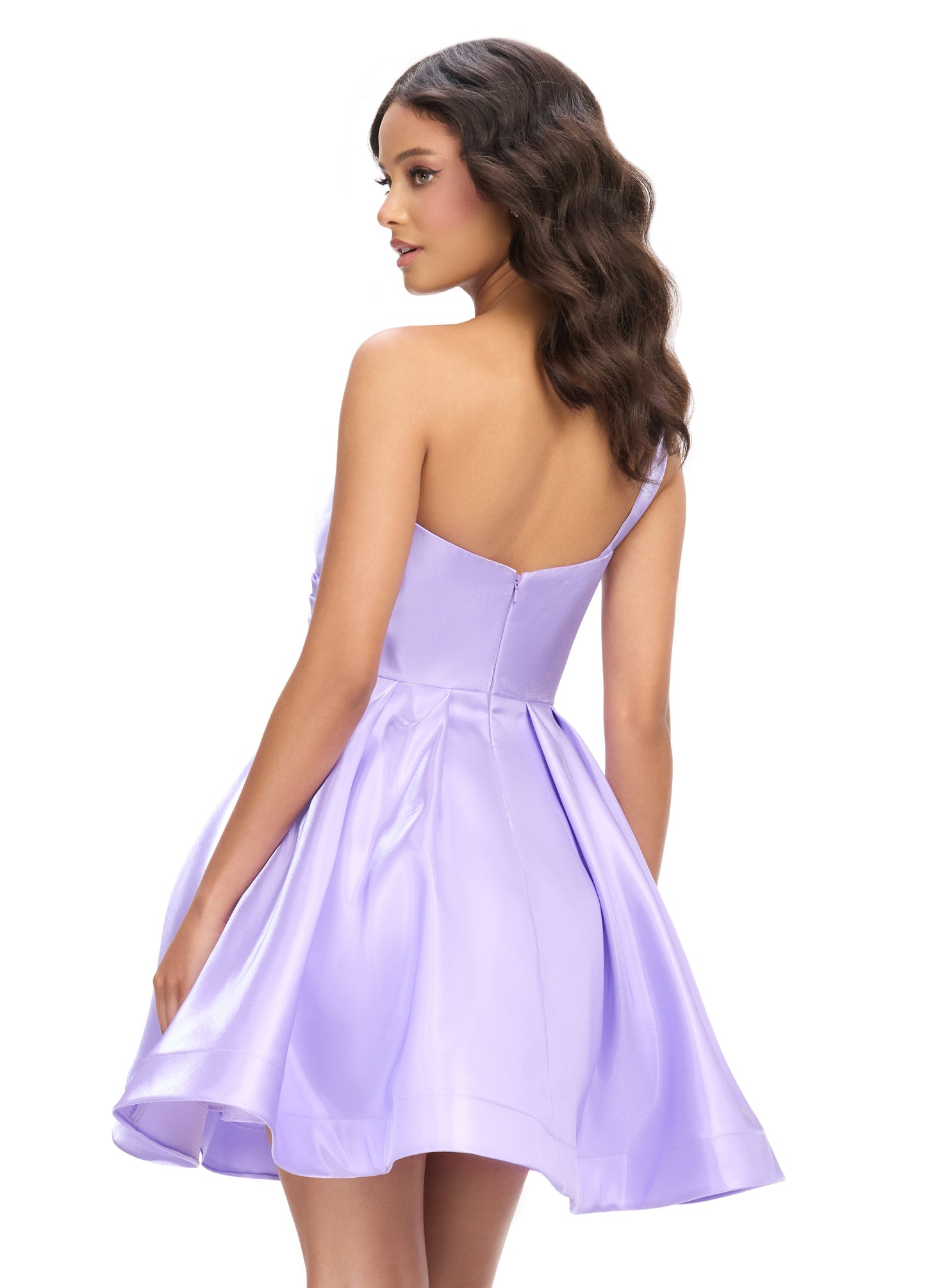 Ashley Lauren 4786 One Shoulder Satin Cocktail Dress Ruched Bodice A Line Skirt with Horsehair Trim