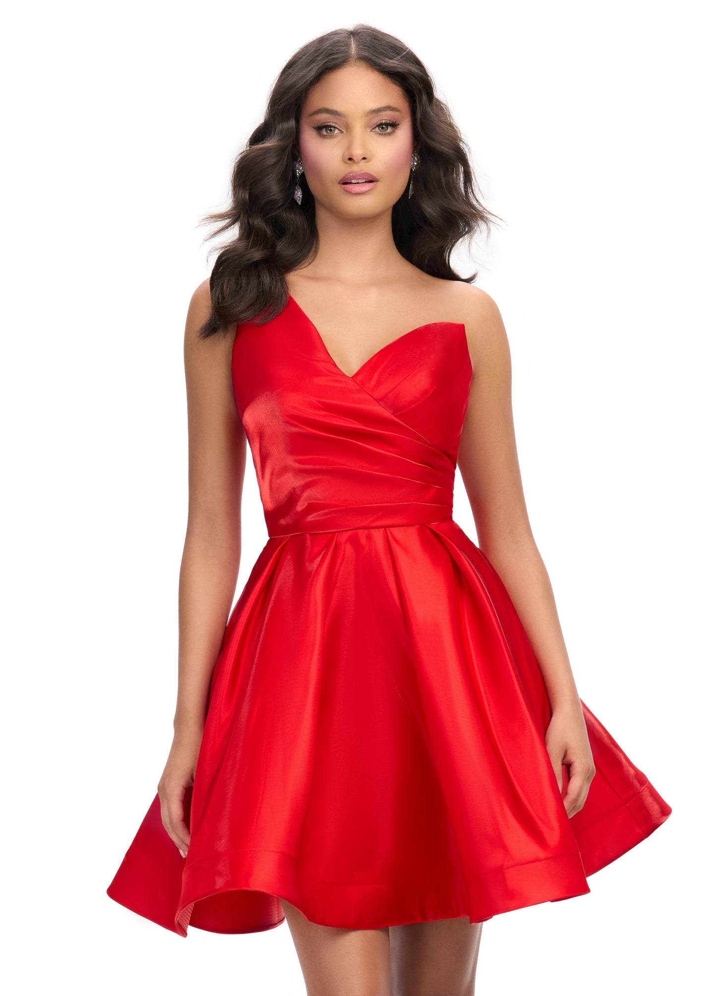 Ashley Lauren 4786 One Shoulder Satin Cocktail Dress Ruched Bodice A Line Skirt with Horsehair Trim