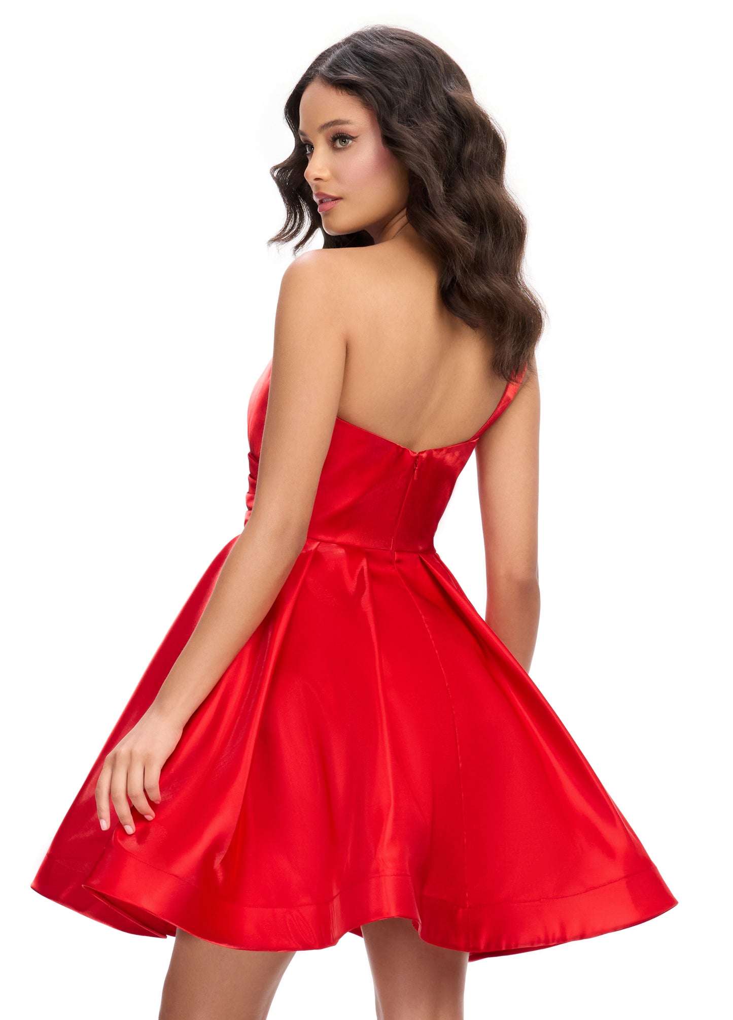 Ashley Lauren 4786 One Shoulder Satin Cocktail Dress Ruched Bodice A Line Skirt with Horsehair Trim