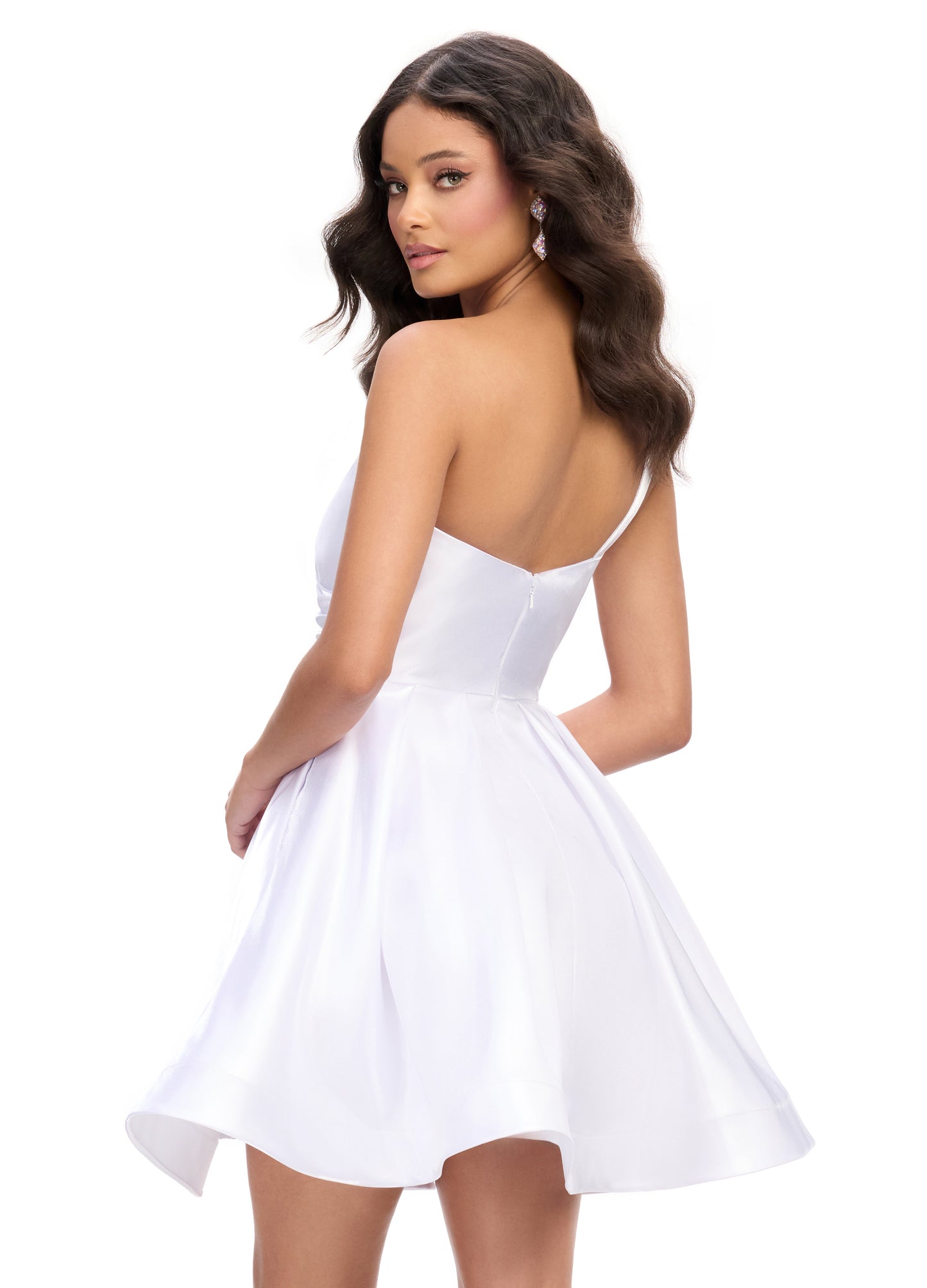 Ashley Lauren 4786 One Shoulder Satin Cocktail Dress Ruched Bodice A Line Skirt with Horsehair Trim