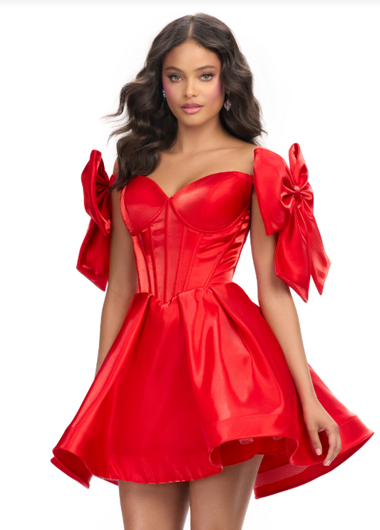 Ashley Lauren 4788 Size 6, 10 Red Corset Bodice Cocktail Dress Off the Shoulder Bow Straps A line Short Skirt