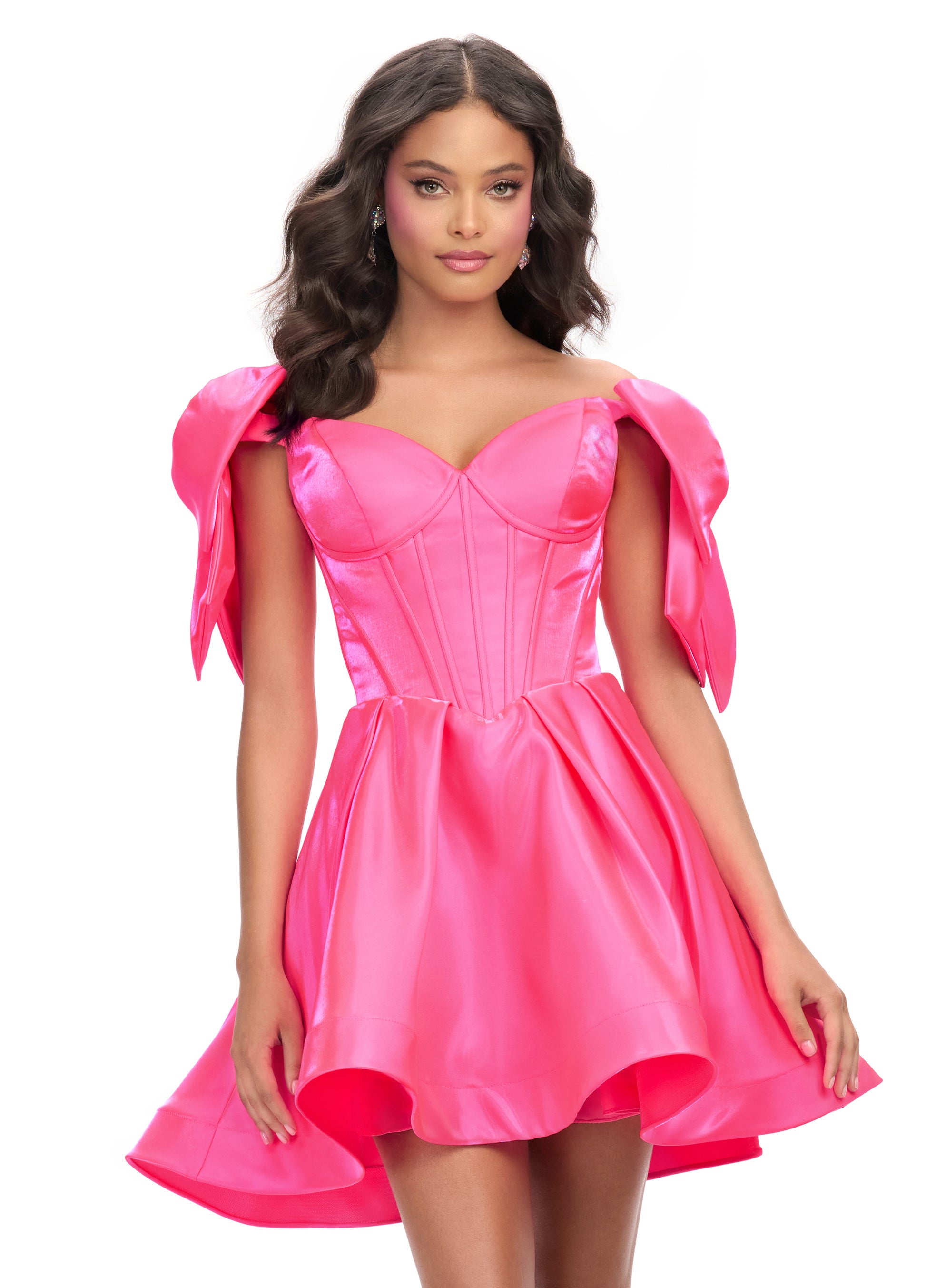 Turn heads in the playful and flirty Ashley Lauren 4788 cocktail dress. The unique corset bodice, off-the-shoulder design, and bow straps add a touch of fun to this A-line dress. Perfect for any special occasion, the short skirt will have you dancing the night away (and looking fabulous!