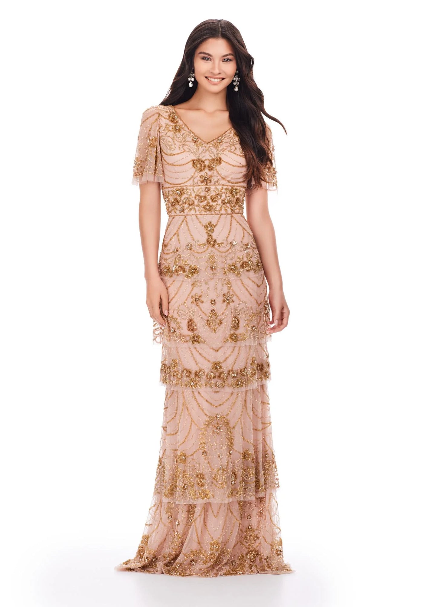 Ashley Lauren 11235 Beaded Evening Gown Long Dress Multi Tiered Sequin V-Neck Butterfly Sleeve