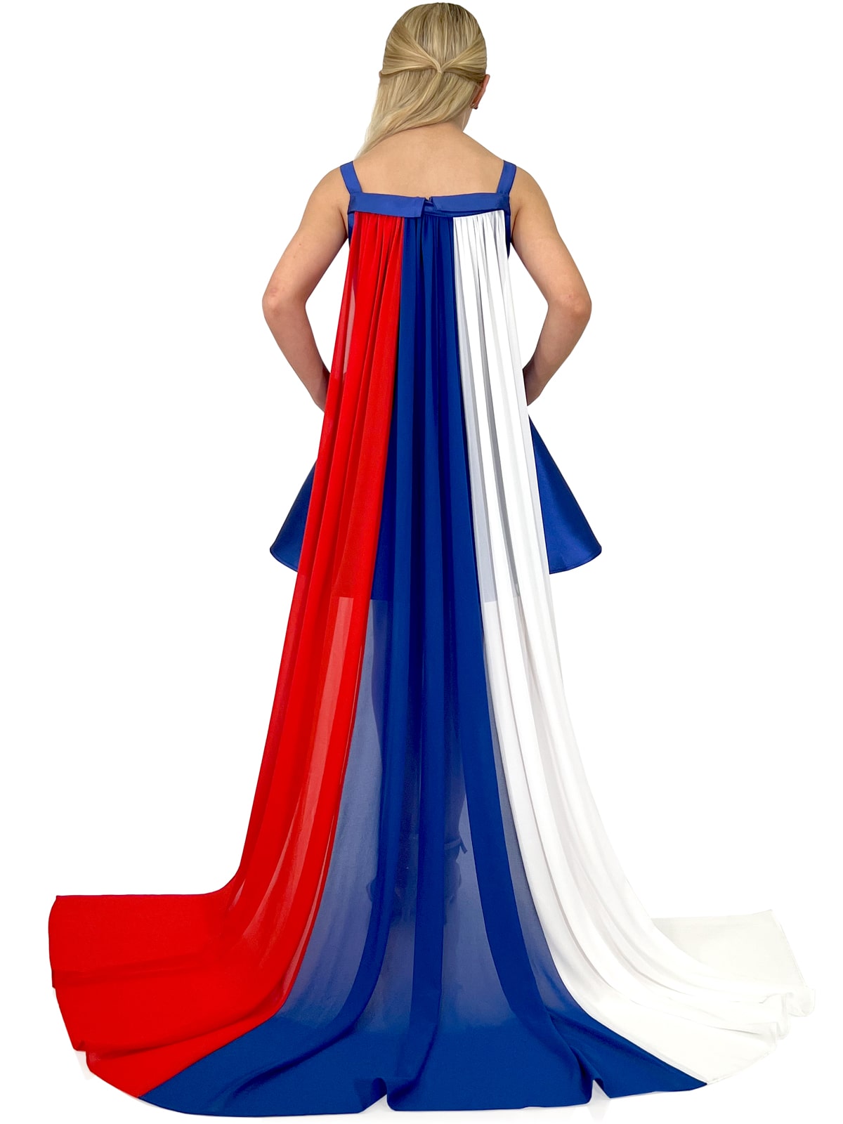 Marc Defang 5030 Red White & Blue Girls Pageant Fun Fashion Cape Detachable chiffon skirt/cape. Stars adorn he short a line dress. Perfect for Fun Fashion! Fourth of July - Independence Day Pageant  Available Sizes: 4-14  Colors: Red/White/Blue